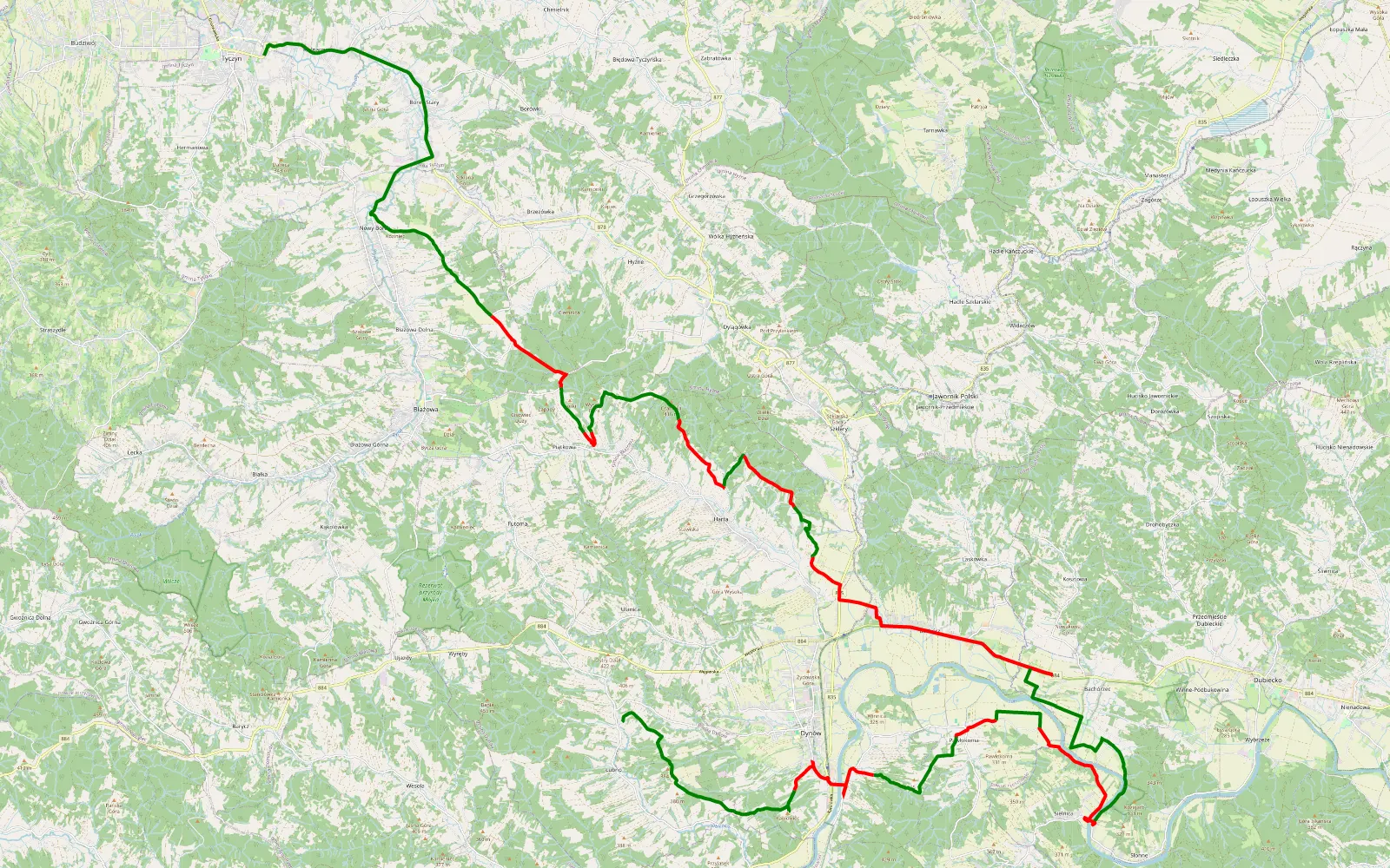 Mapa trasy Tyczyn - Łubno - 51.7 km trasy offroad, Powiat Rzeszowski