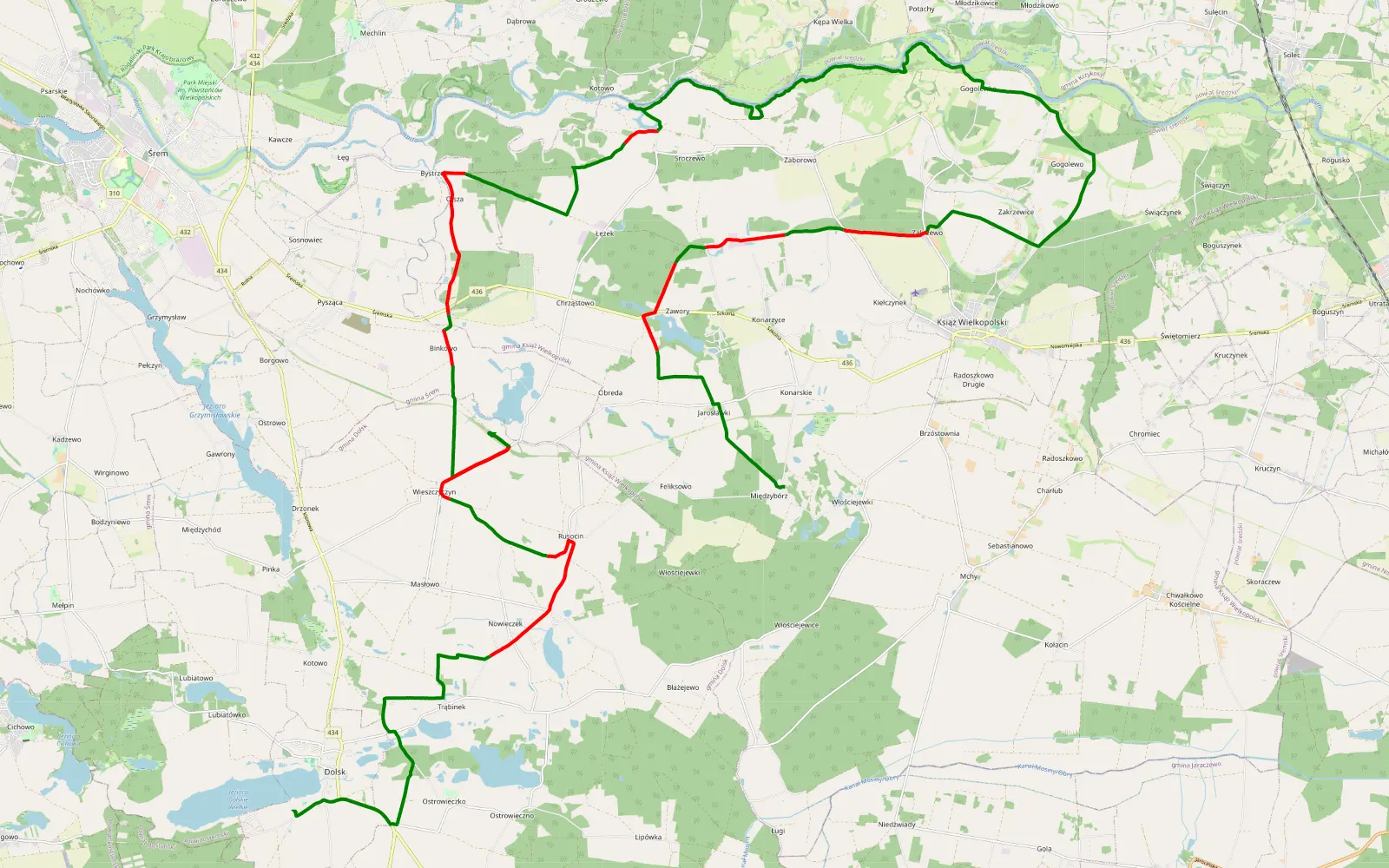 Mapa trasy Dolsk - Włościejewki - 54.4 km trasy offroad, Powiat Śremski