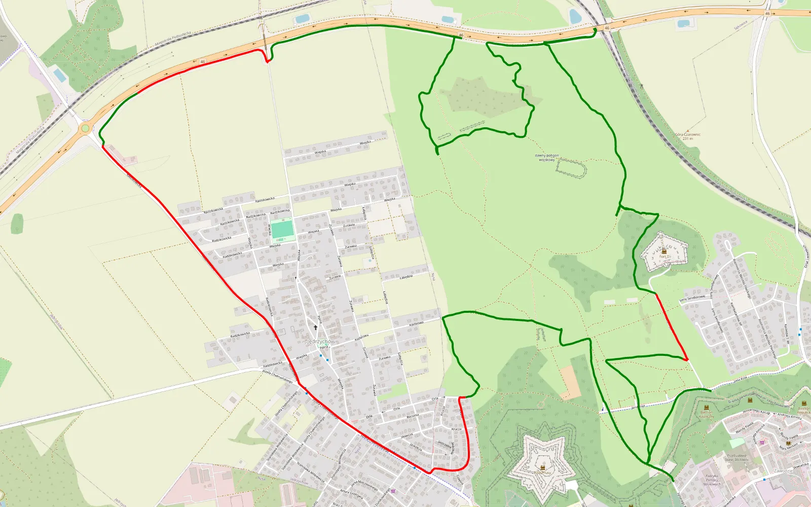 Mapa trasy Forty eksploatacja - 11.1 km trasy offroad, Powiat Nyski