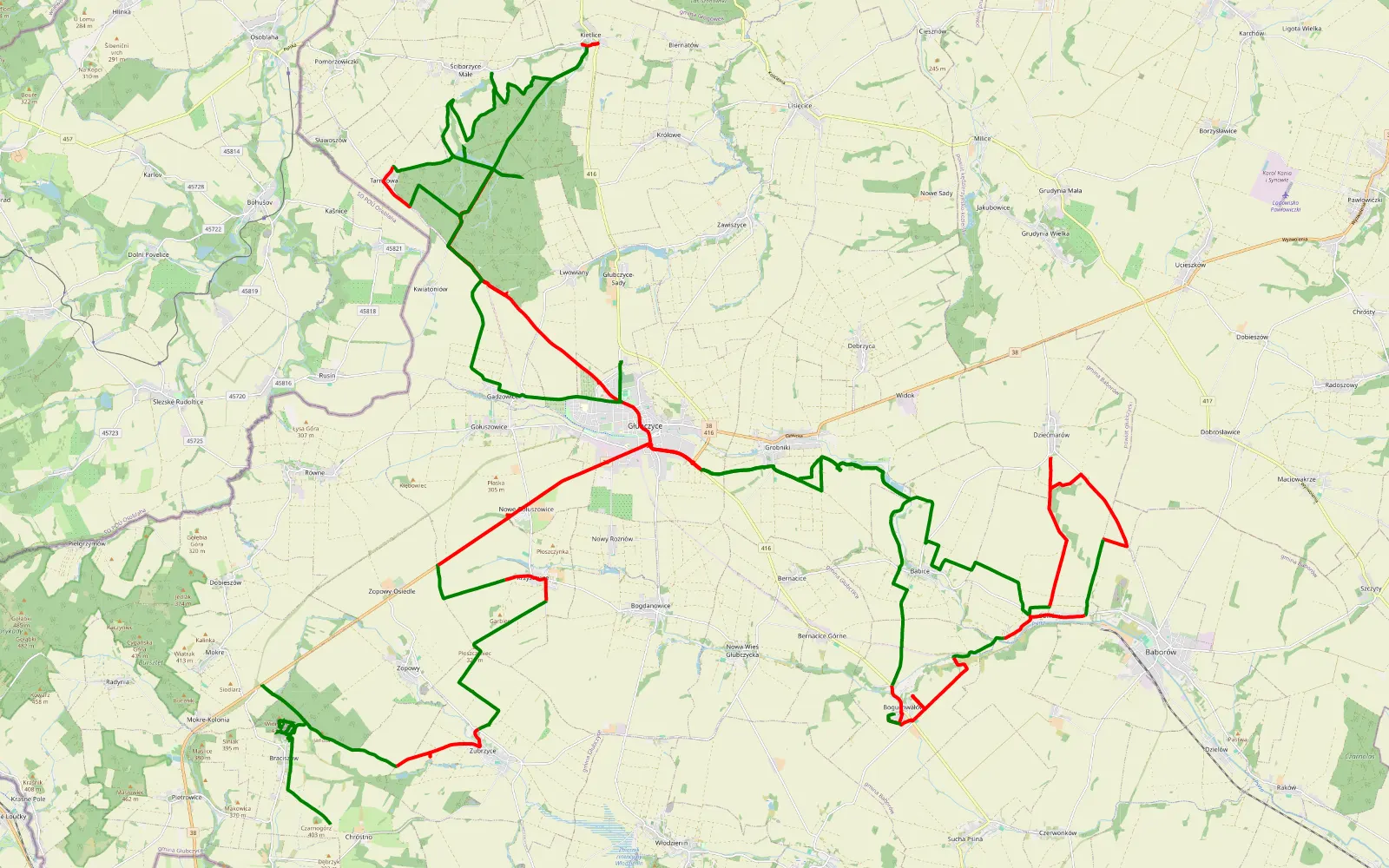 Mapa trasy Chróstno - Głubczyce - 102 km trasy offroad, Powiat Głubczycki