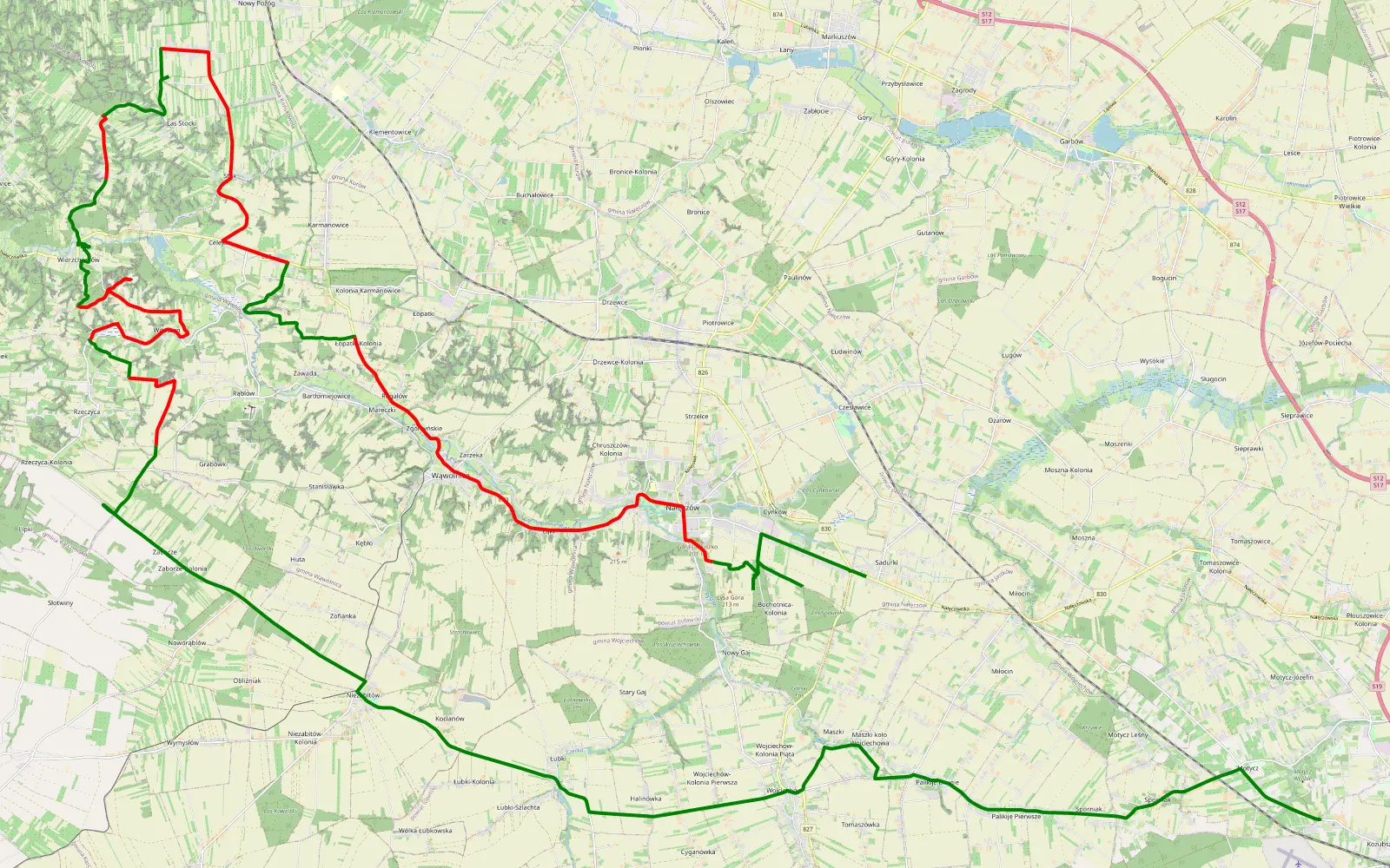 Mapa trasy Motycz - Sadurki - 44.5 km trasy offroad, Powiat Puławski