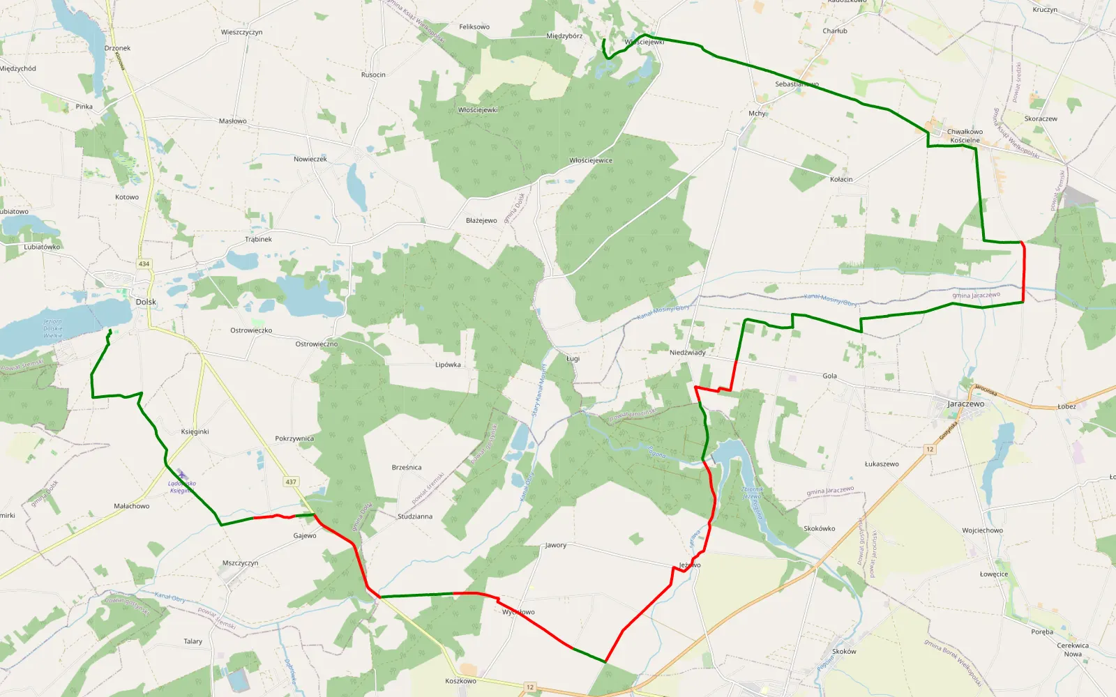 Mapa trasy Dolsk - Włościejewki - 39.7 km trasy offroad, Powiat Śremski