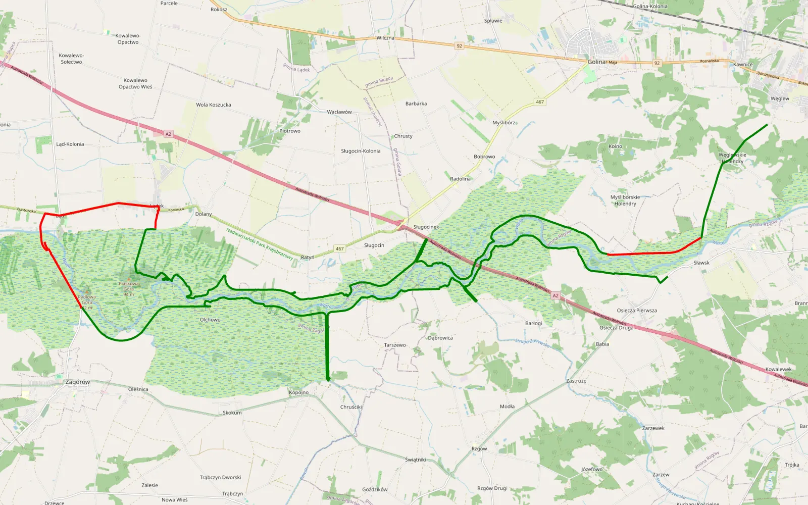 Map of Węglew - Lądek - Sławsk dwa brzegi Warty - 52.4 km offroad trail, Słupca County