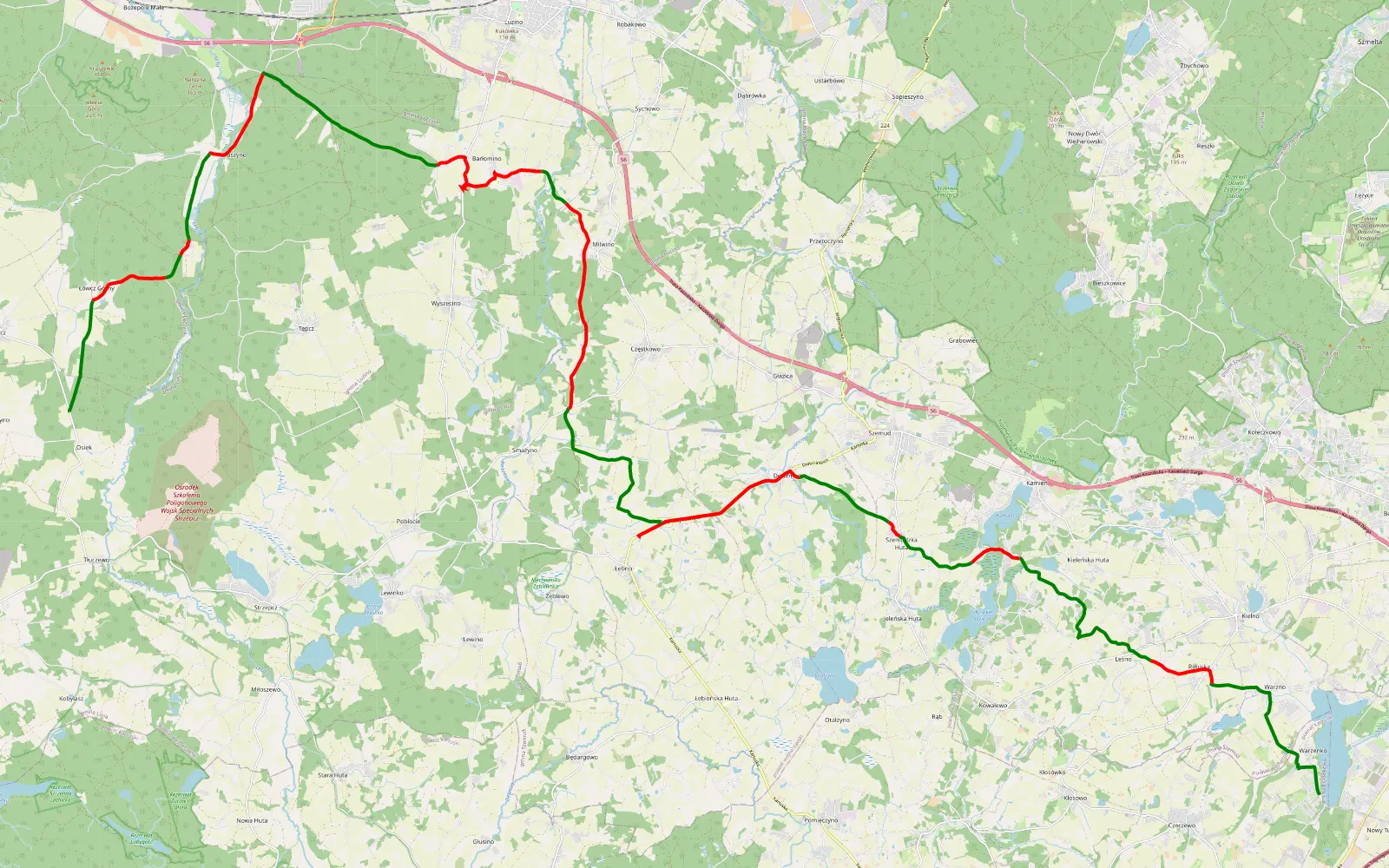 Map of Warzenko - Osseck - 44.7 km offroad trail, Wejherowo County