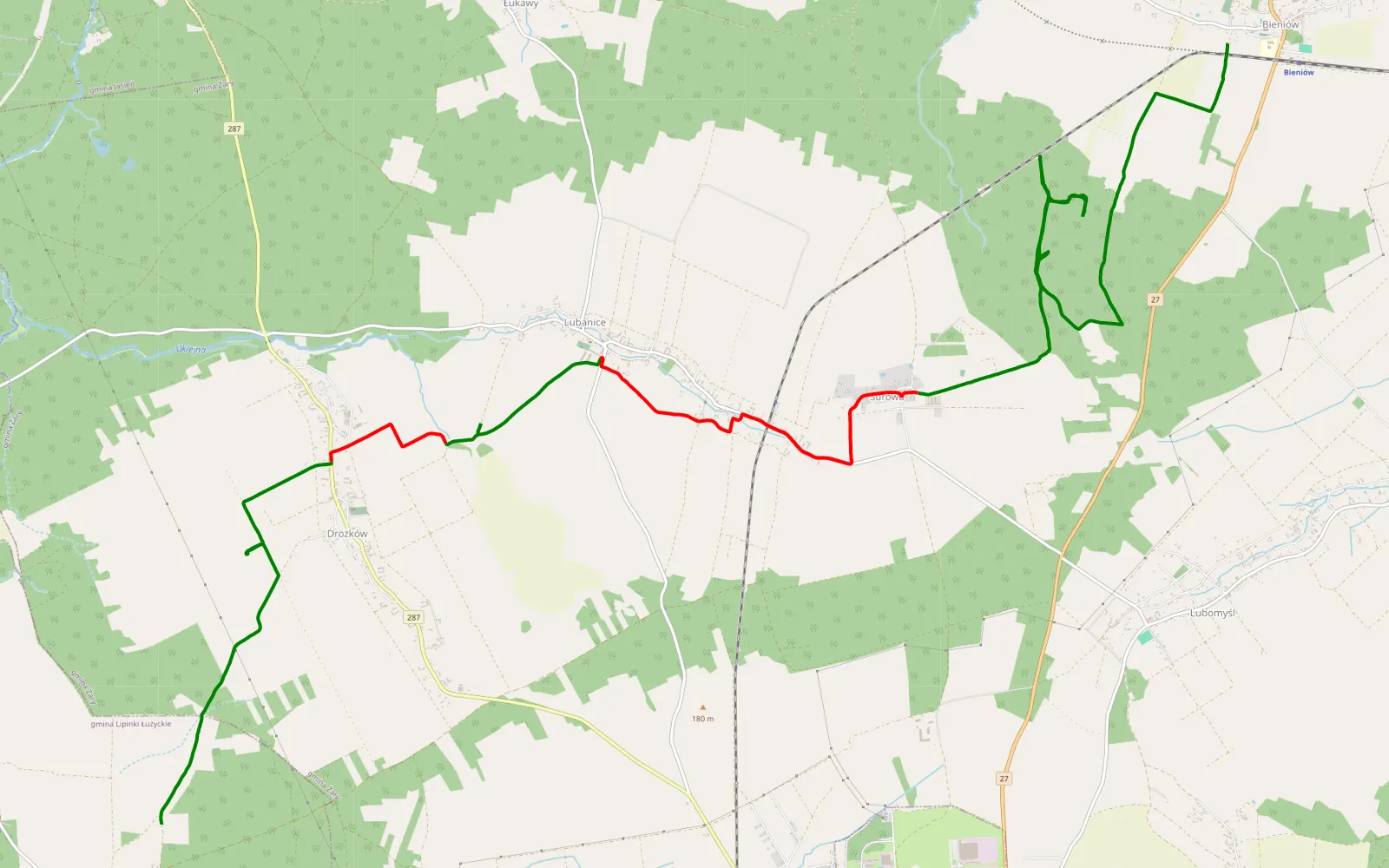 Map of Górka - Bieniów - 18.8 km offroad trail, Żary County