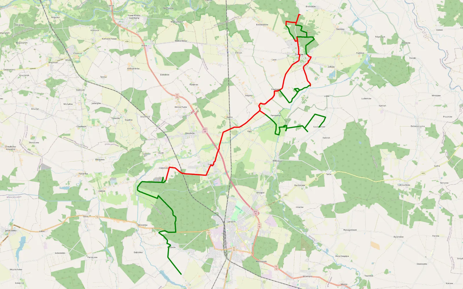 Mapa trasy Siedlemin - Łuszczanów - 42.5 km trasy offroad, Powiat Jarociński