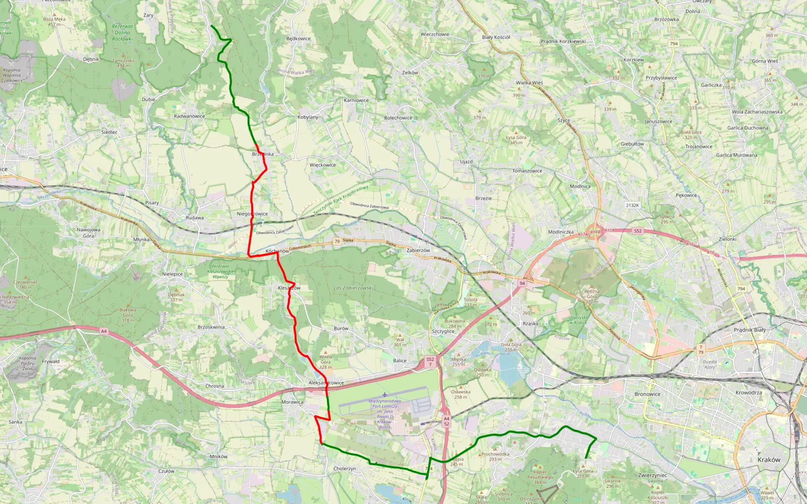 Mapa trasy Wola Justowska - Lotnisko Balice - Szklary - 18.3 km trasy offroad, Powiat Krakowski