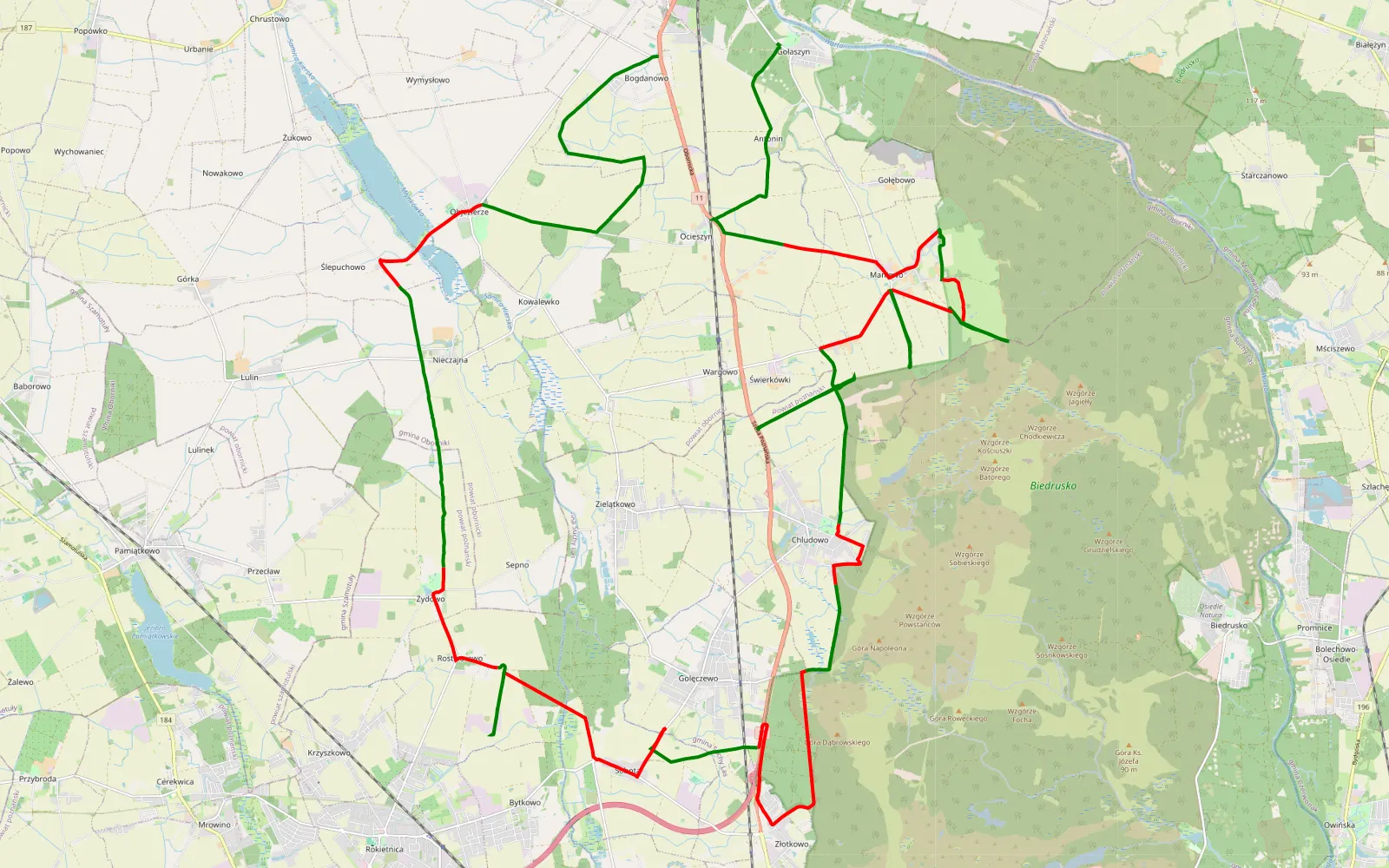 Mapa trasy Gołaszyn - Bogdanowo - 55.4 km trasy offroad, Powiat Obornicki