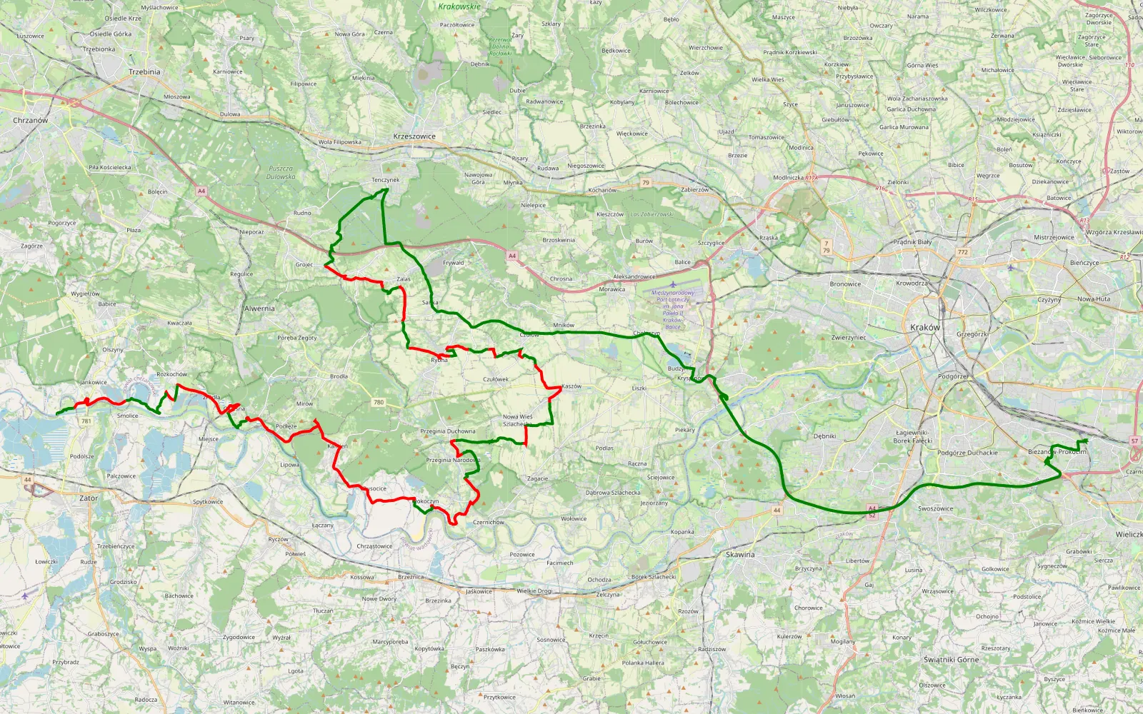 Mapa trasy Bieżanów-Prokocim - Grzebiace - 58.7 km trasy offroad, Powiat Krakowski