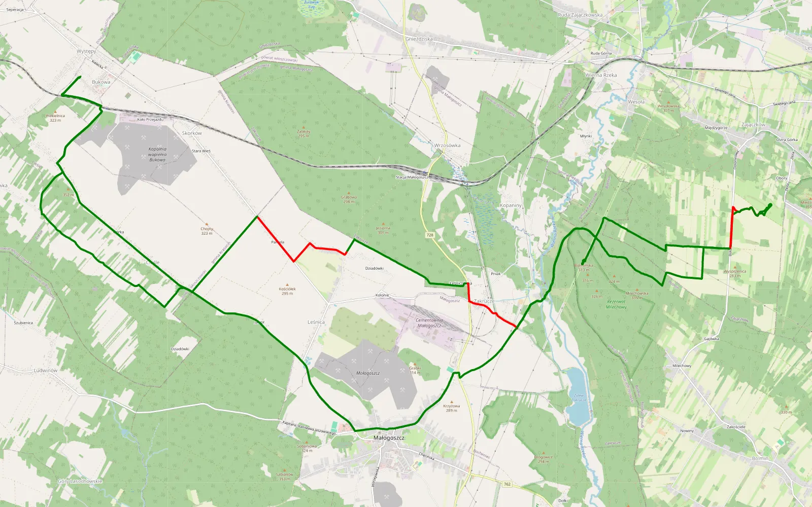 Map of Występy - 24.4 km offroad trail, Jędrzejów County