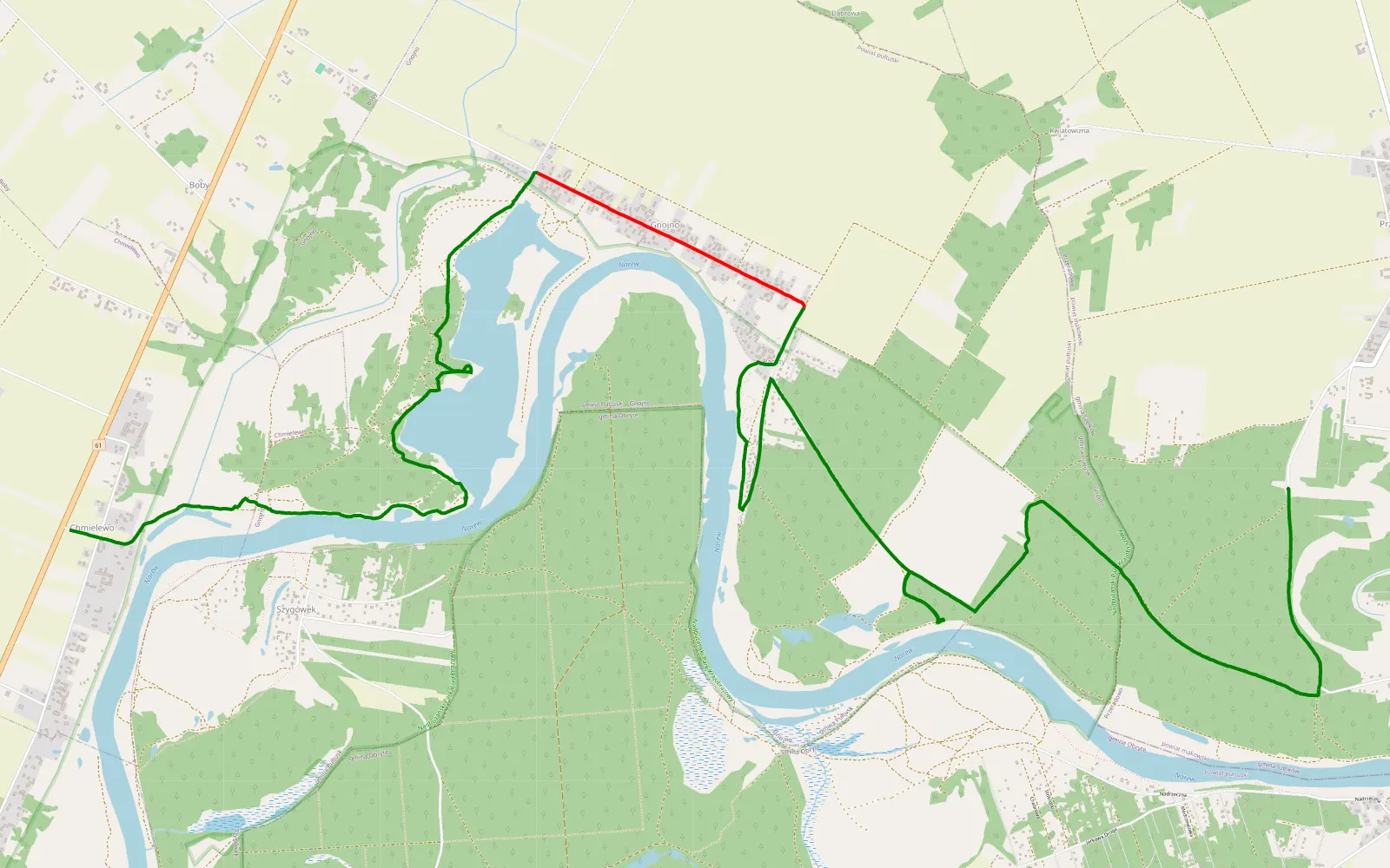Map of Starorzecza Narwi - Biała Góra - 12.3 km offroad trail, Pułtusk County