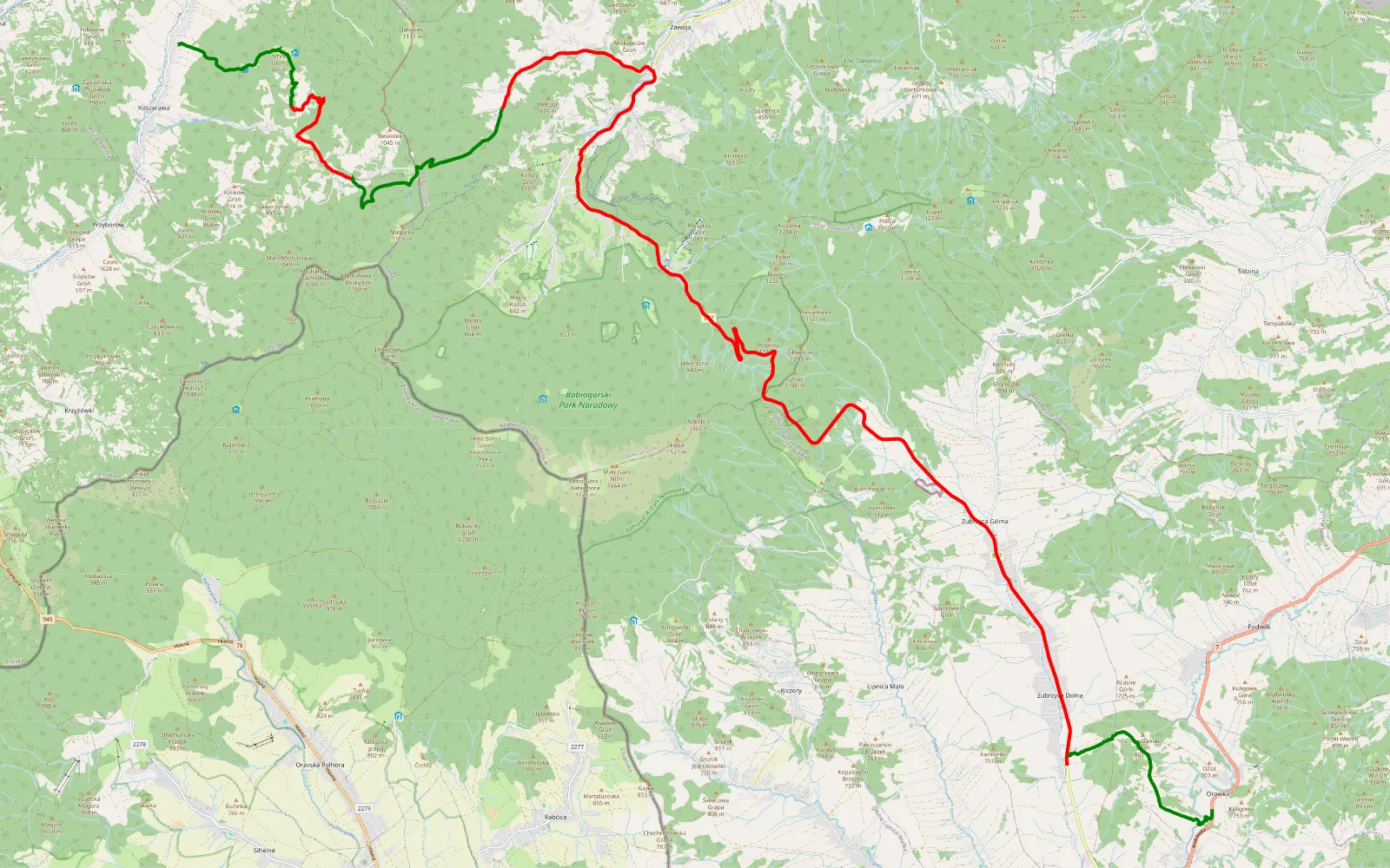 Map of Koszarawa - Przełecz Krowiarki - Orawka - 46.6 km offroad trail, Nowy Targ County