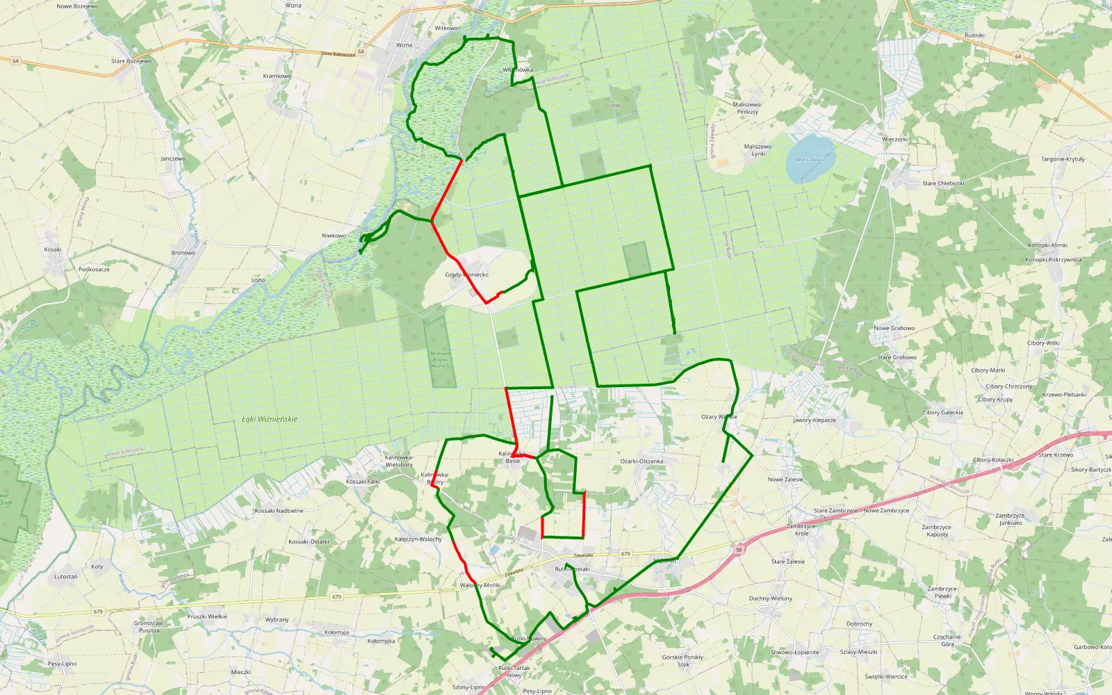 Mapa trasy Rutki-Kossaki - 73.5 km trasy offroad, Powiat Zambrowski
