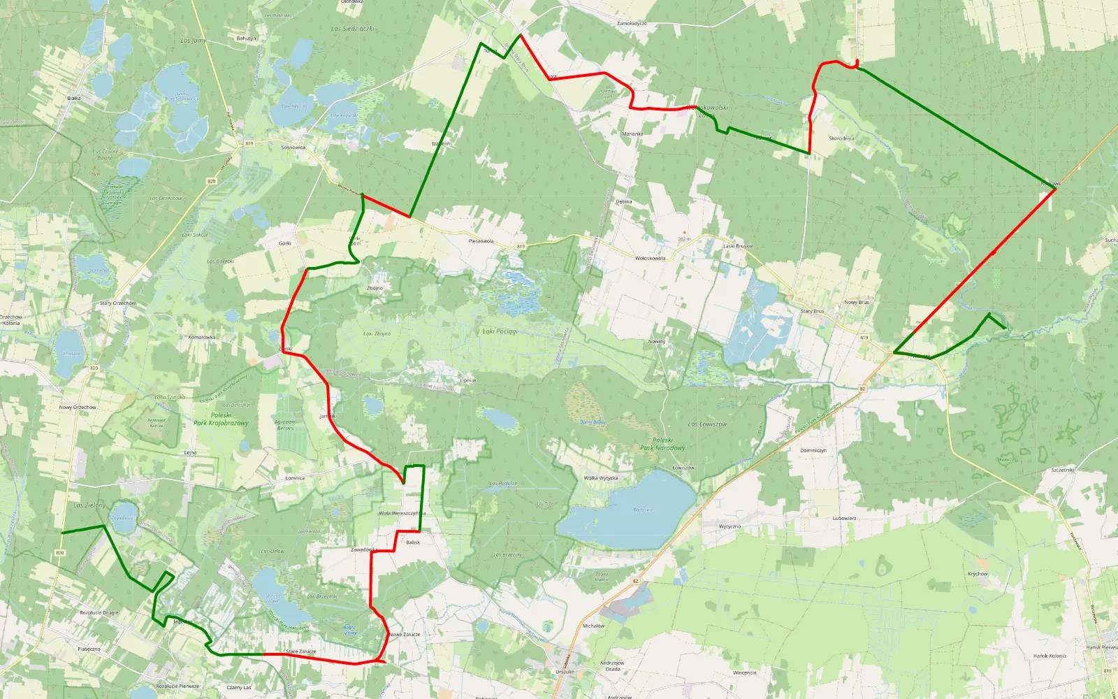 Map of Zagłębocze - Kołacze - 68.8 km offroad trail, Włodawa County