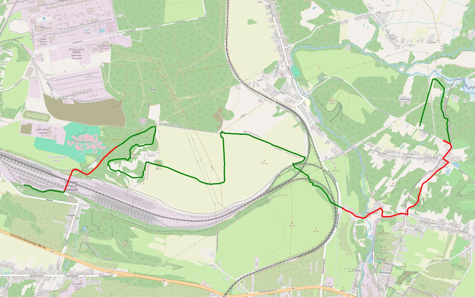 Mapa trasy Strzemieszyce Małe - Kuźniczka - 13.6 km trasy offroad, Dąbrowa Górnicza