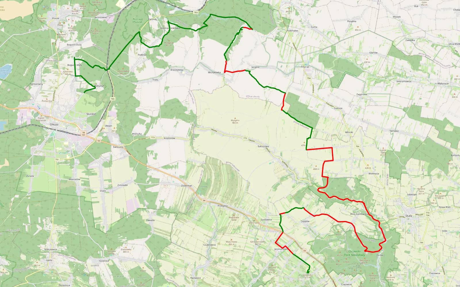 Mapa trasy Rabsztyn - Lepianka - 47.5 km trasy offroad, Powiat Olkuski