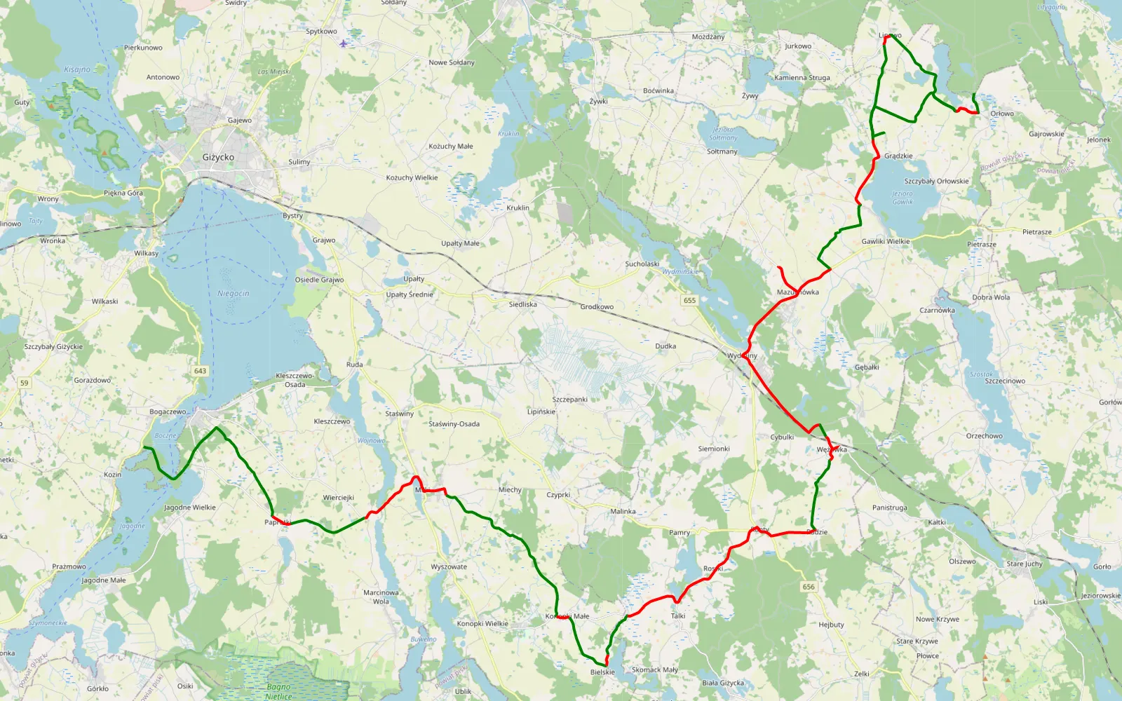 Mapa trasy Kozin - Grądzkie - 65.6 km trasy offroad, Powiat Giżycki