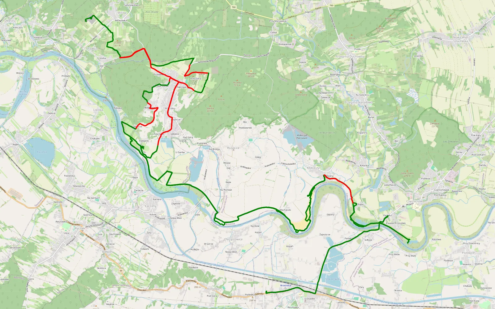 Mapa trasy Kępa - Brzeźnica - 42.8 km trasy offroad, Powiat Krakowski