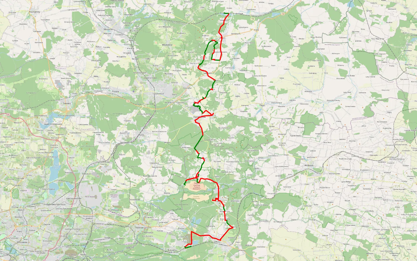 Mapa trasy Hhh - 85 km trasy offroad, Powiat Zawierciański