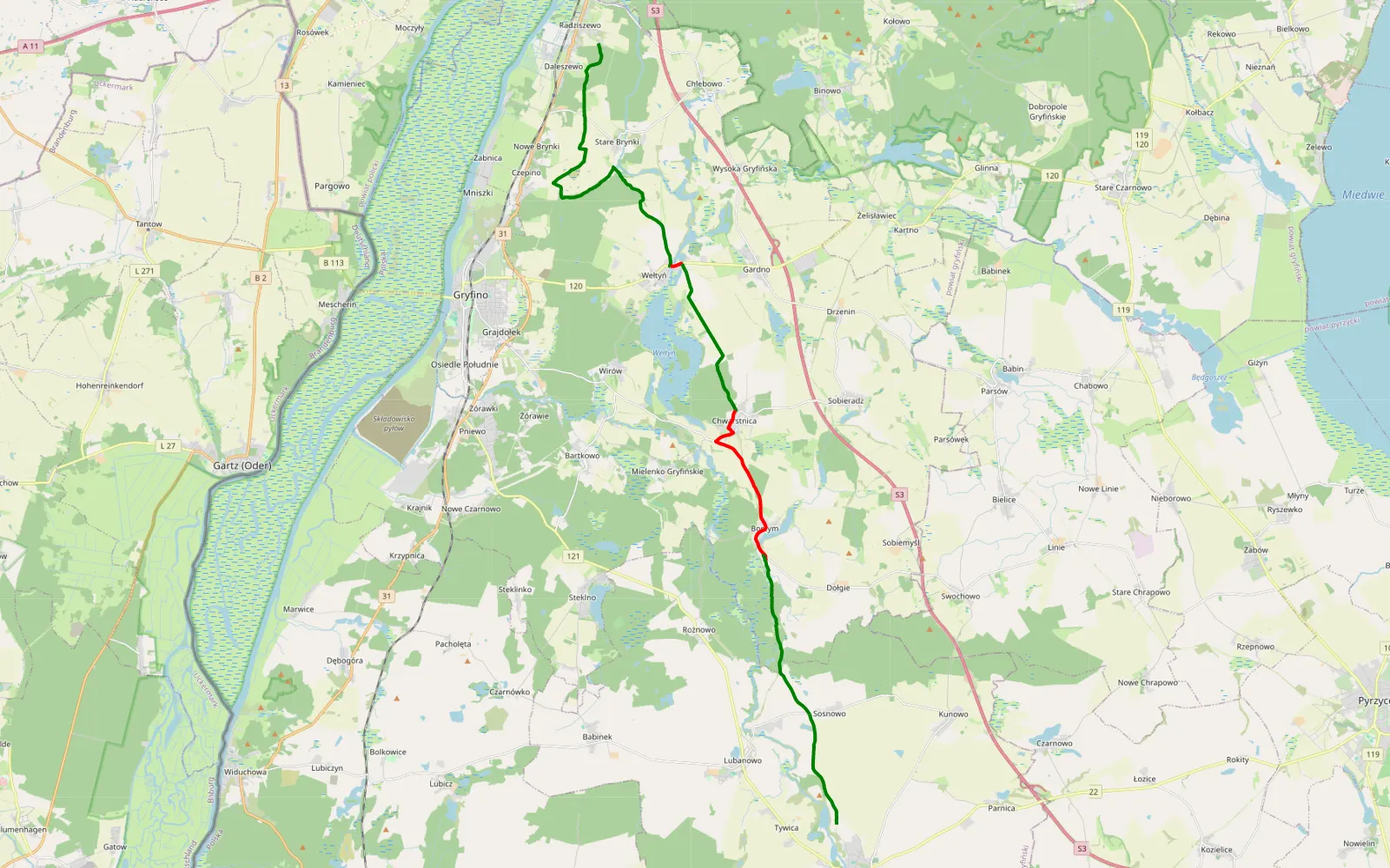 Map of Radziszewo - Banie - 27.4 km offroad trail, Gryfino County