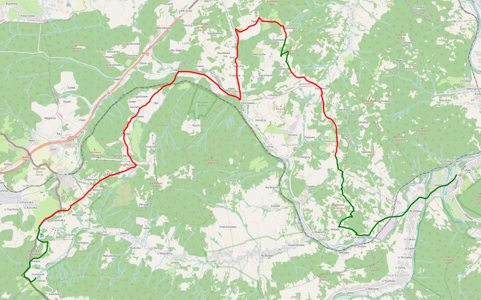 Map of Rajcza - Laliki - 18.2 km offroad trail, Żywiec County