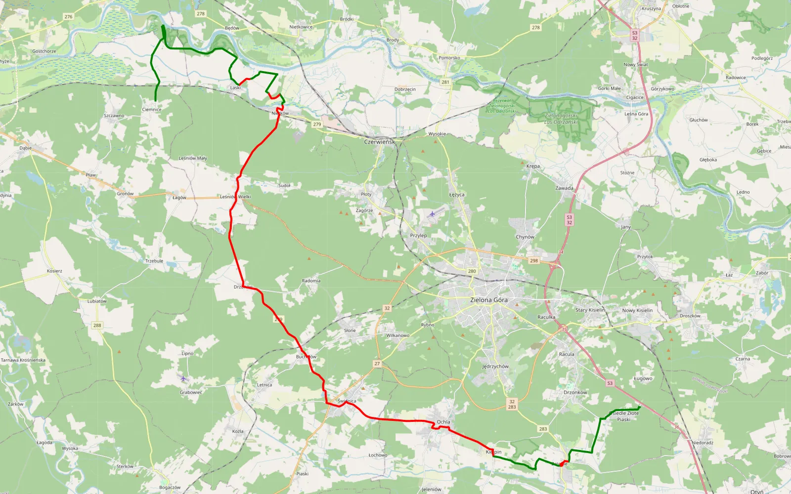 Mapa trasy a - 53.3 km trasy offroad, Powiat Zielonogórski