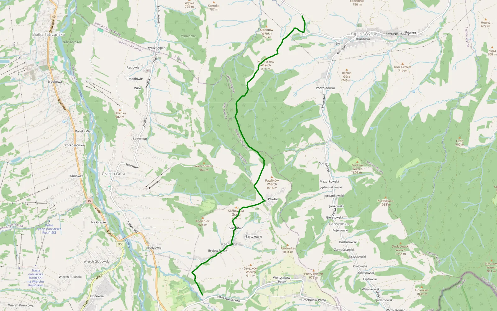 Map of Jurgów - Łapsze Wyżne - 5.5 km offroad trail, Nowy Targ County