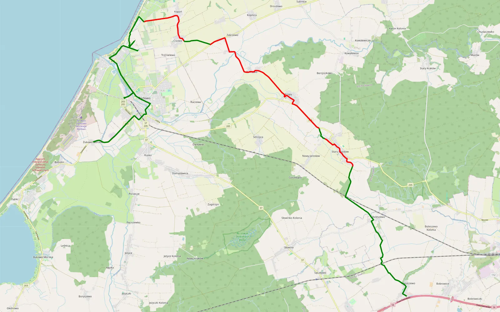 Mapa trasy Żukowo - Rsyszczewo - 20.7 km trasy offroad, Powiat Sławieński