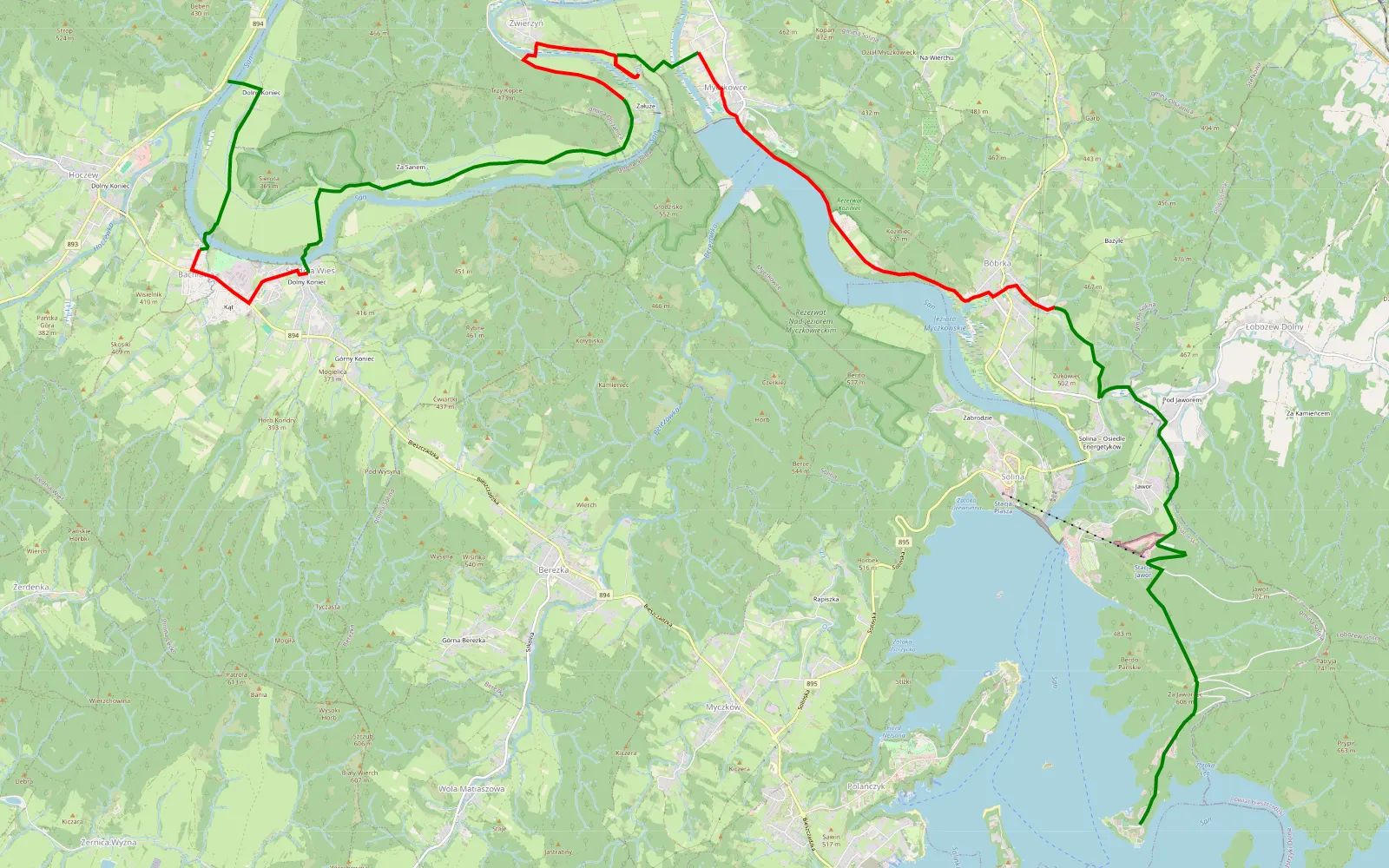 Mapa trasy Hoczew Łączki - Rewita Zadział - 18.2 km trasy offroad, Powiat Leski