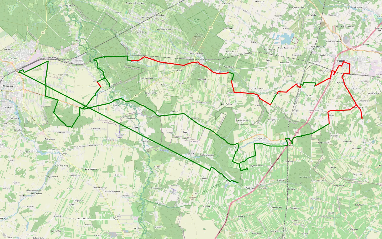 Mapa trasy Paplin - Skierniewice - 49.9 km trasy offroad, Powiat Żyrardowski