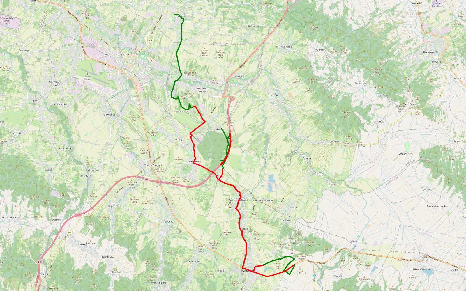 Map of Pustyny - Korczyna - 39.4 km offroad trail, Krosno County