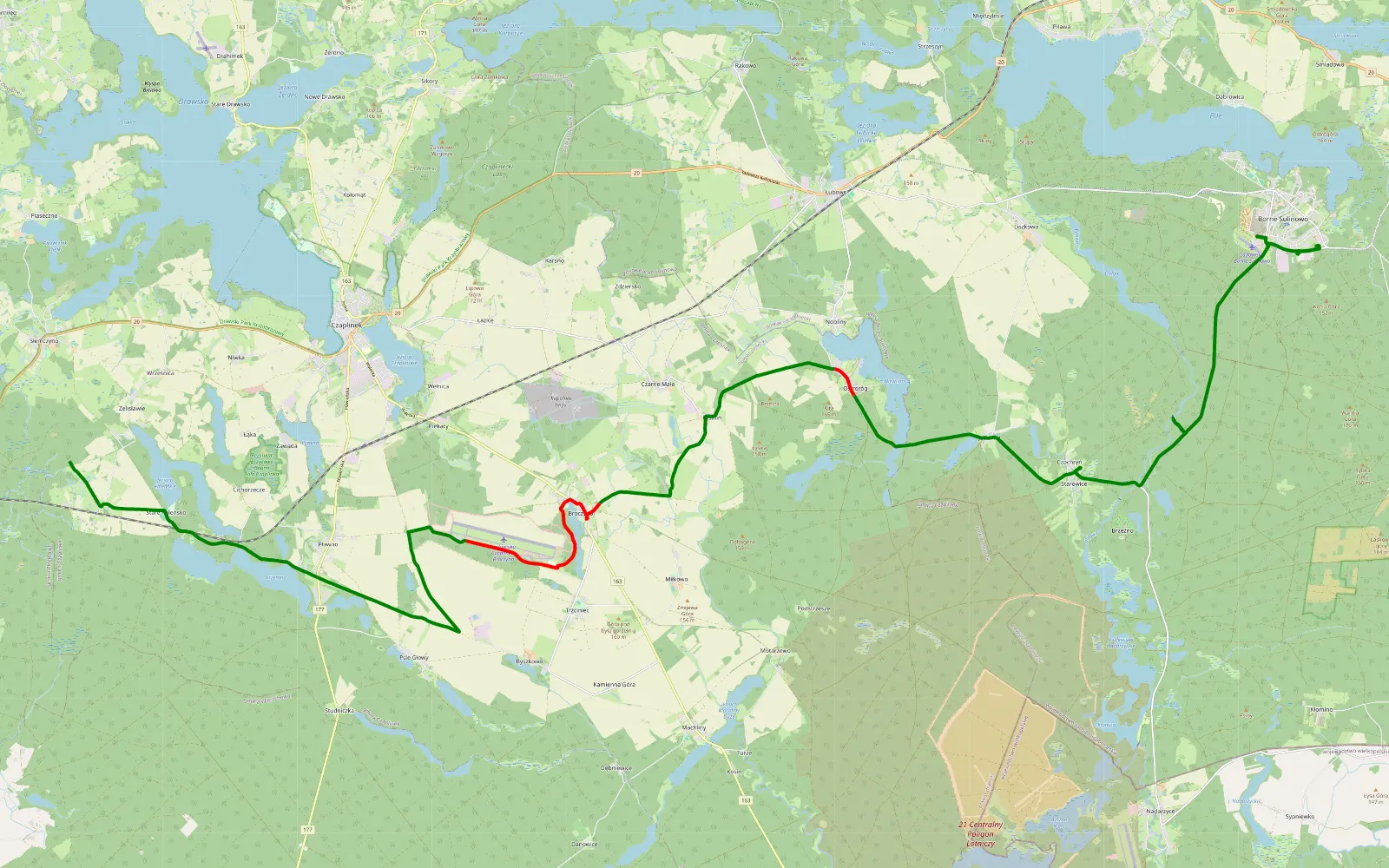 Mapa trasy Stare Kaleńsko - Borne Sulinowo - 25.1 km trasy offroad, Powiat Drawski