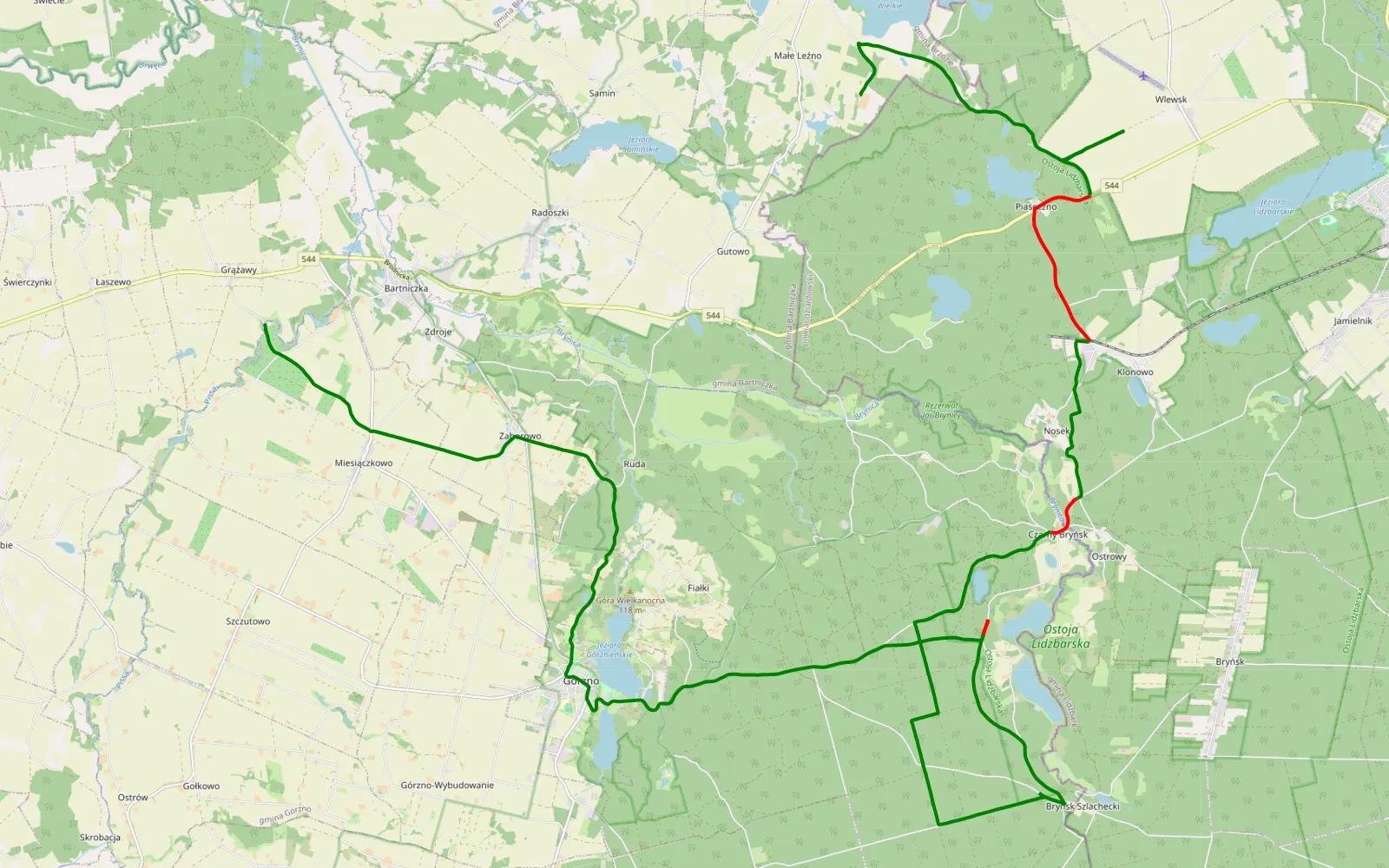 Map of Małe Leżno - Grążawy2 - 29.8 km offroad trail, Brodnica County