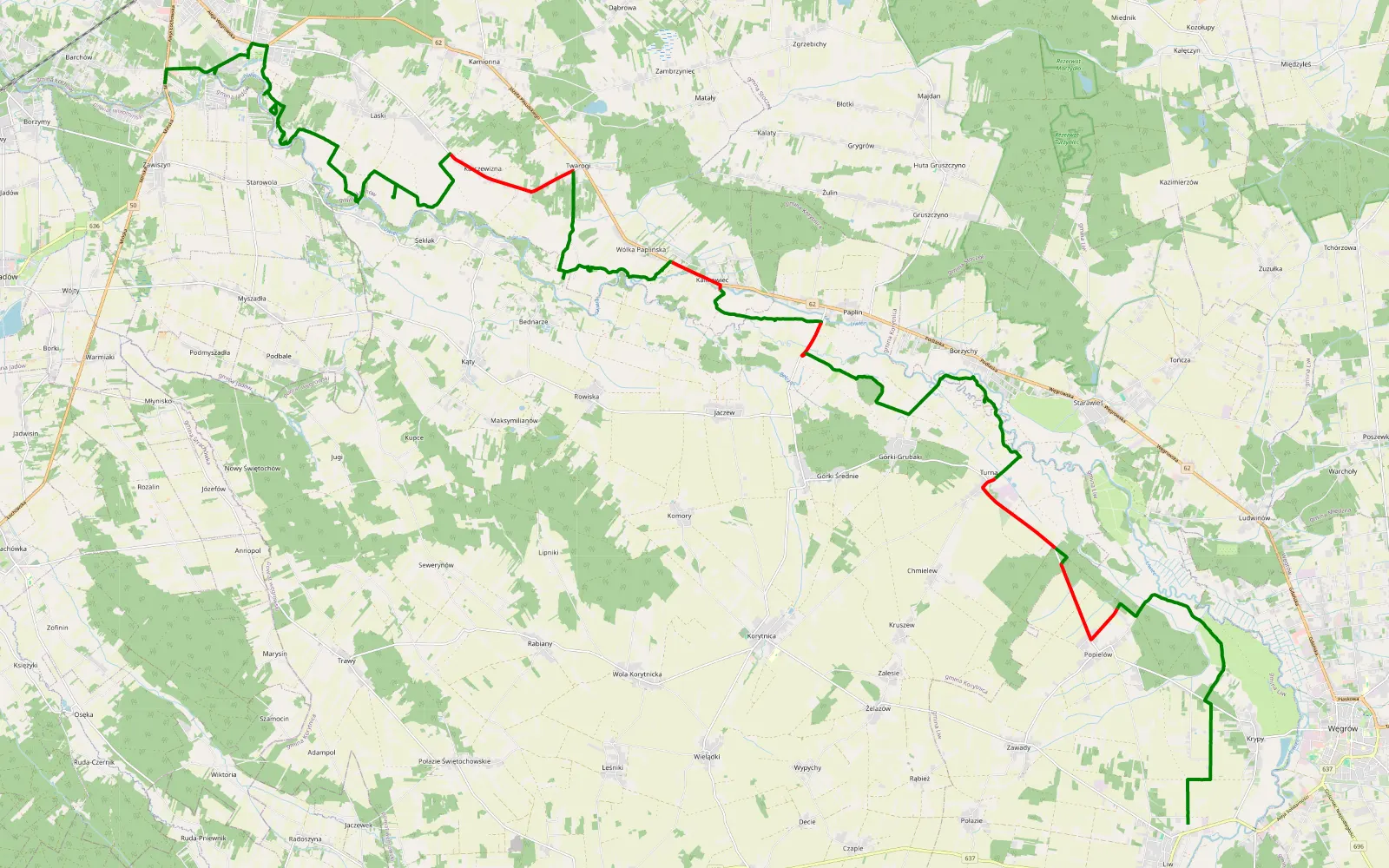 Map of Barchów - Liw - 41.6 km offroad trail, Węgrów County