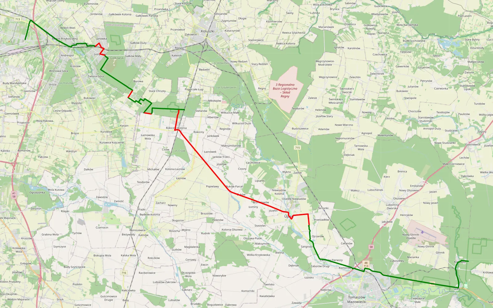 Mapa trasy Łódź - Konewka - 37.9 km trasy offroad, Powiat Tomaszowski