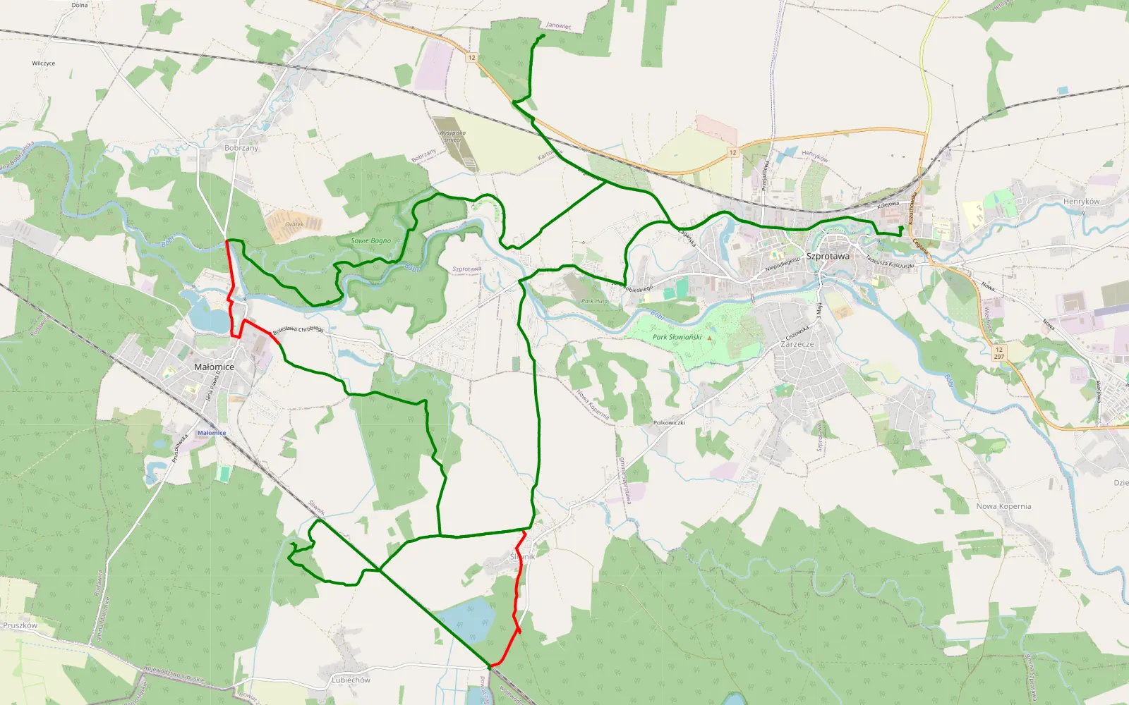 Mapa trasy Szprotawa - 20.9 km trasy offroad, Powiat Żagański