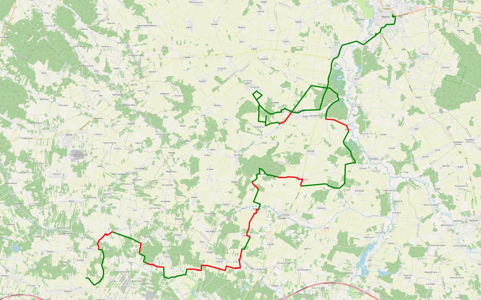 Mapa trasy Dojazd A2 - na obiad do Starego Browaru - 57.4 km trasy offroad, Powiat Węgrowski