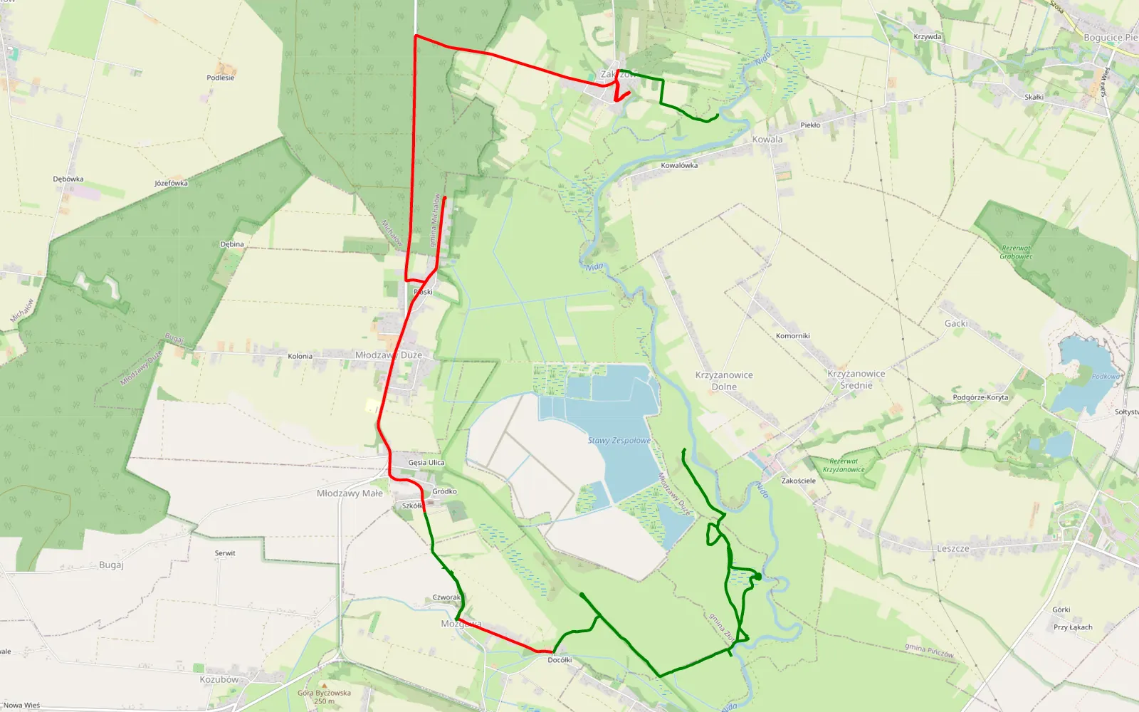 Mapa trasy Wojsławice - Kowala nida - 20.4 km trasy offroad, Powiat Pińczowski