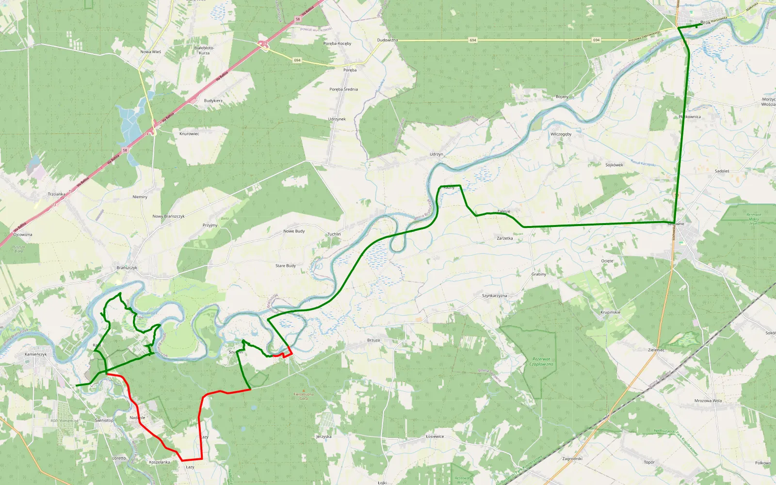 Map of Błonie - Brok - 31 km offroad trail, Węgrów County