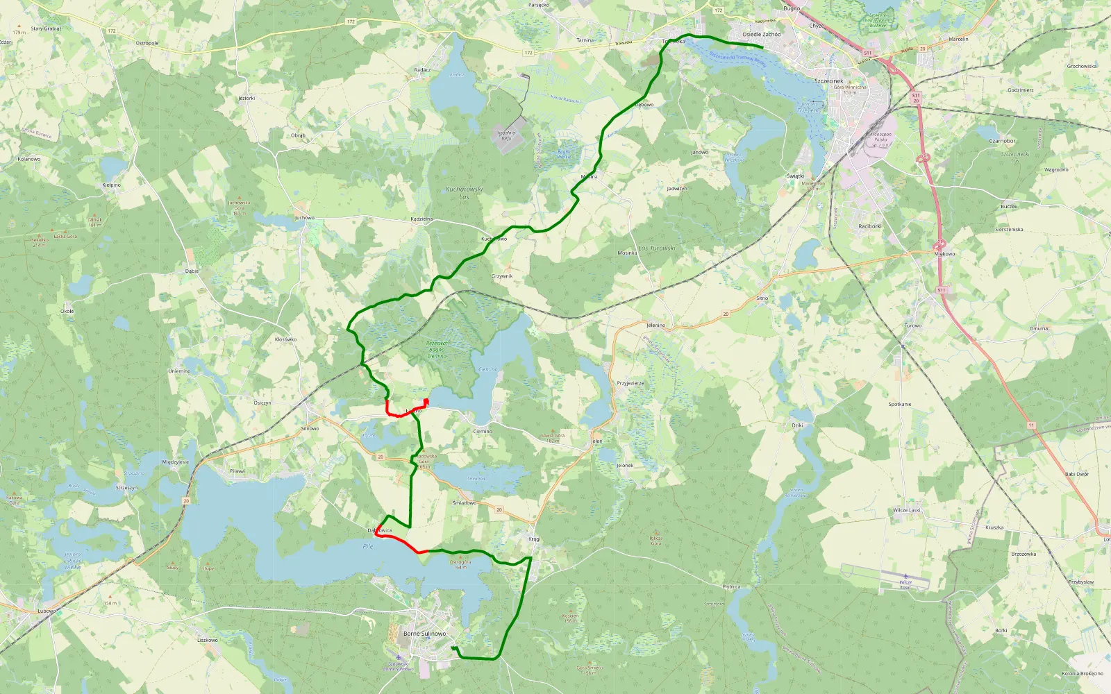 Map of Trzesieka - Borne Sulinowo - 18.2 km offroad trail, Szczecinek County