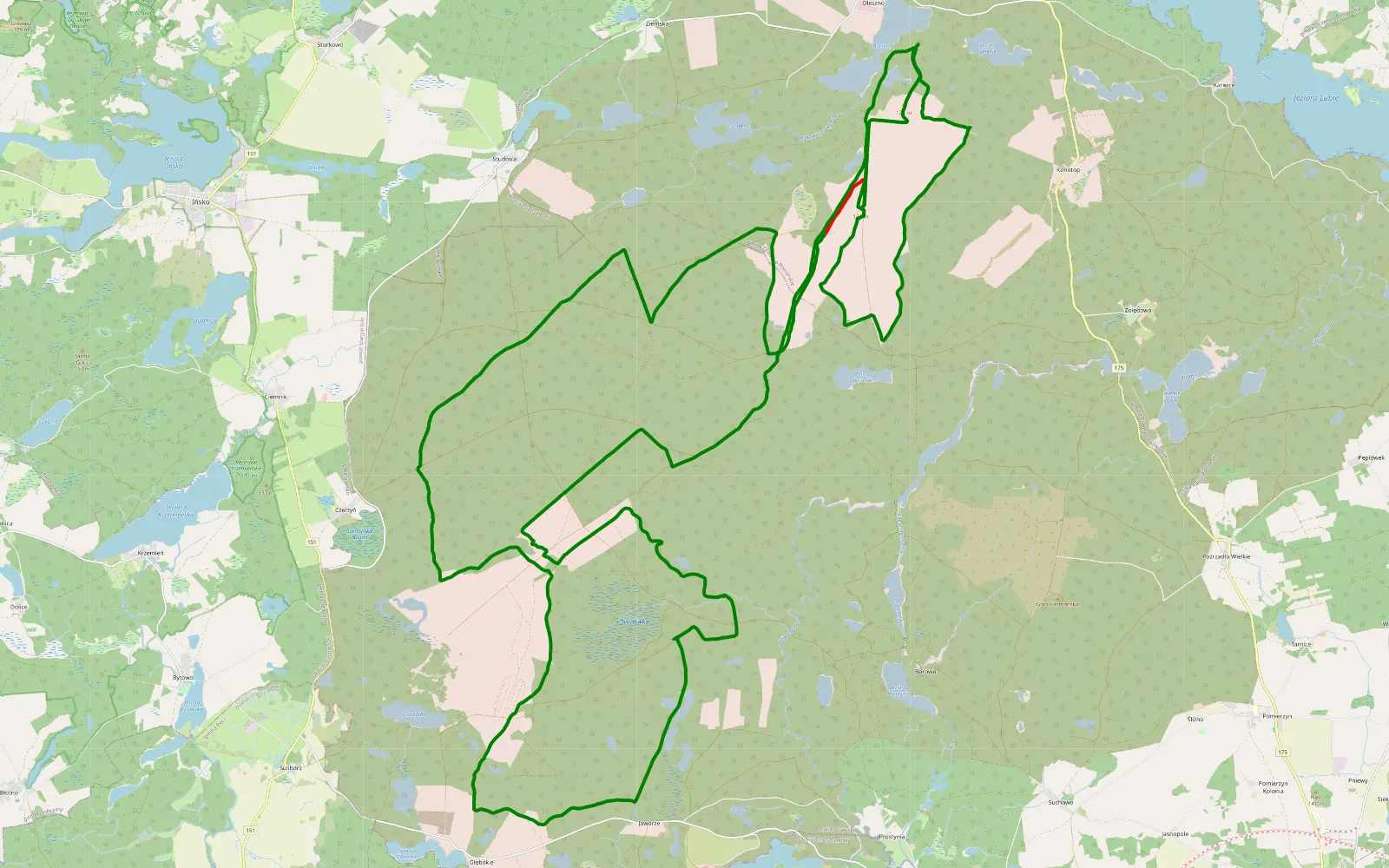 Mapa trasy Oleszno - Bucierz - 76.1 km trasy offroad, Powiat Drawski