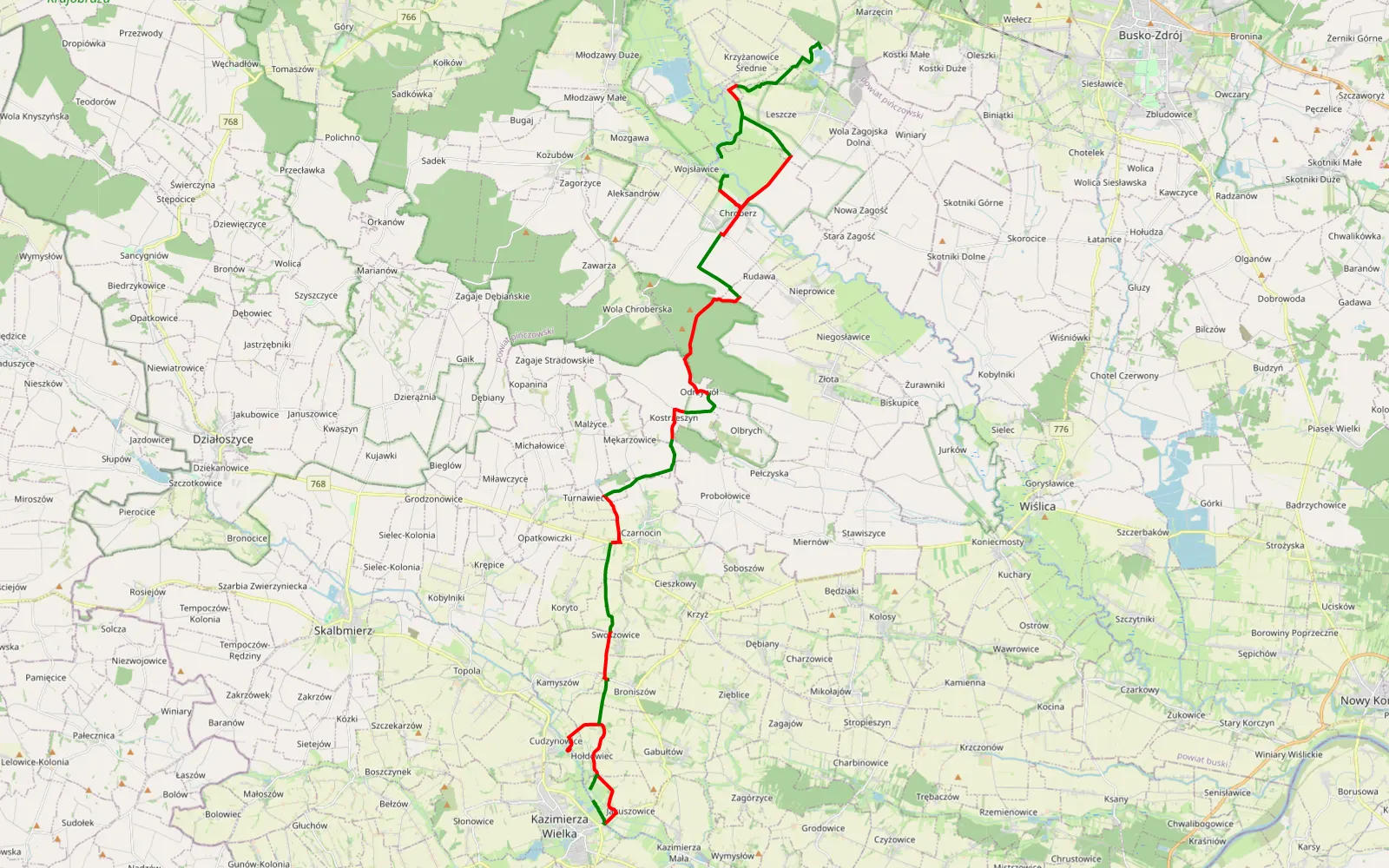 Mapa trasy Kazimierza Wielka - Gacki - 43.2 km trasy offroad, Powiat Pińczowski