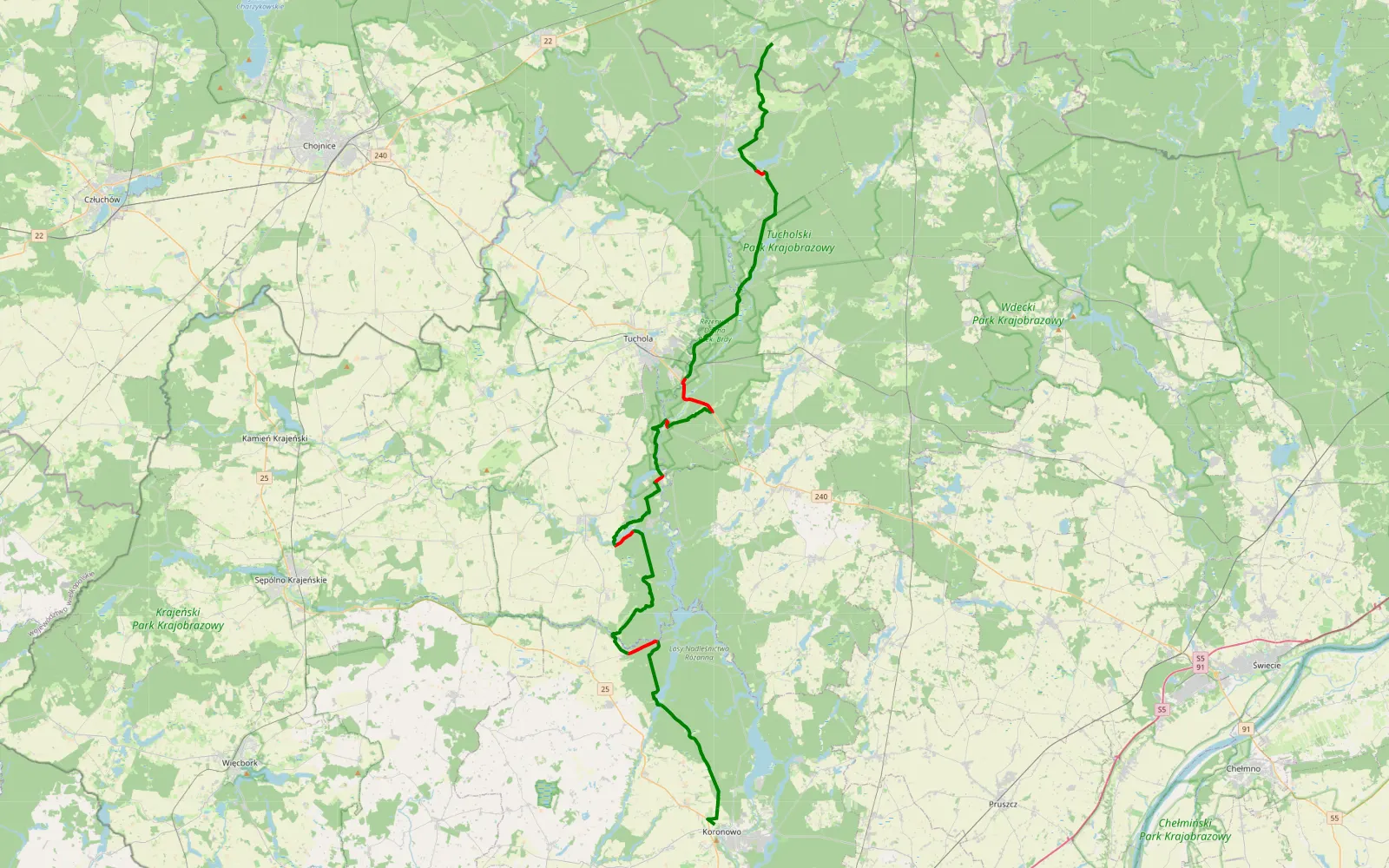 Mapa trasy Koronowo - Kurcze - 71.6 km trasy offroad, Powiat Tucholski