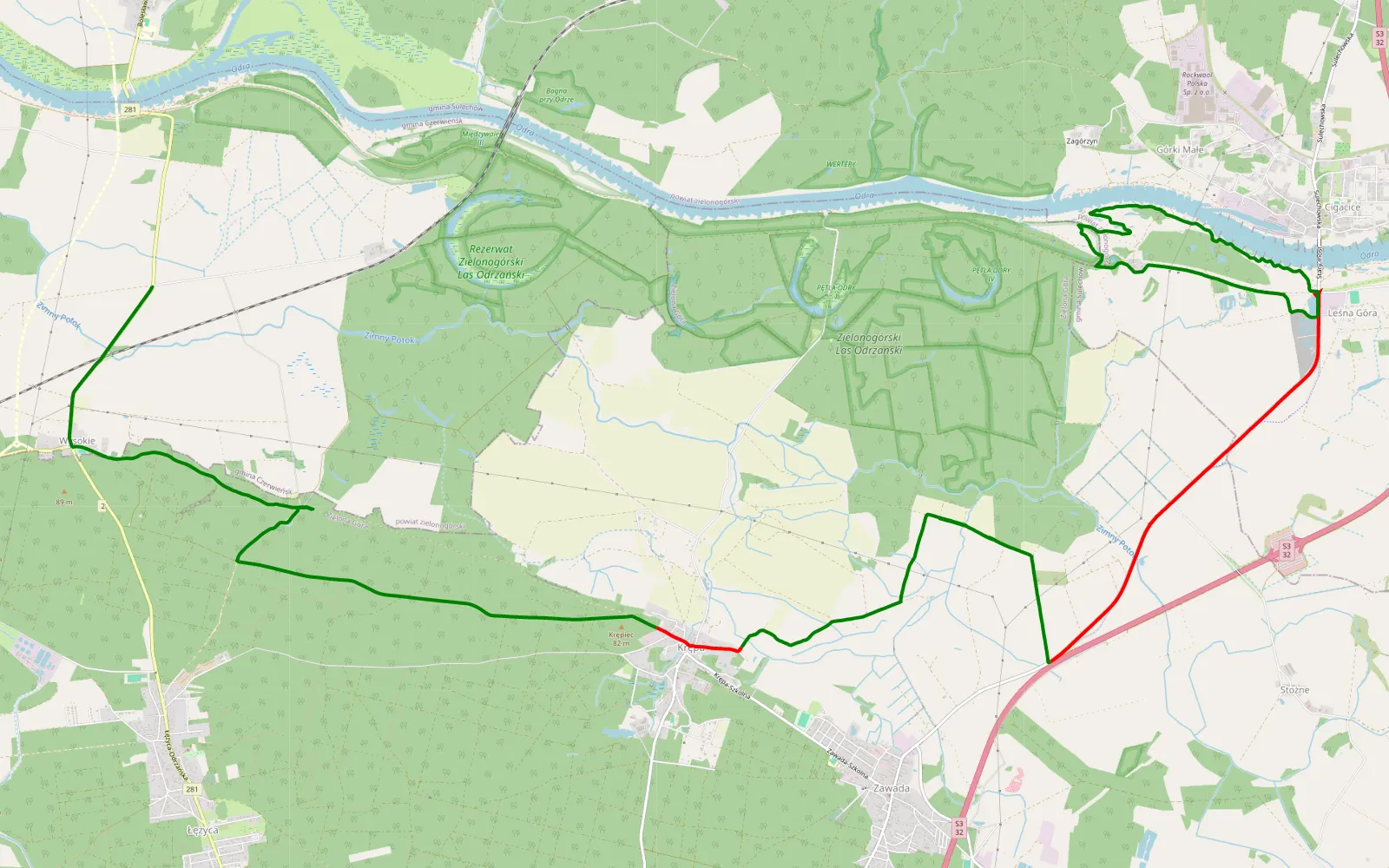Mapa trasy Wysokie - Ustronie - 21.3 km trasy offroad, Zielona Góra
