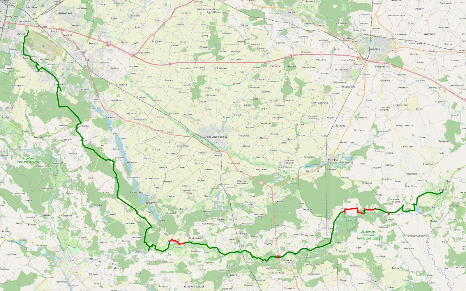 Map of Minikowo - Pyzdry by Miki - 75.5 km offroad trail, Środa Wielkopolska County