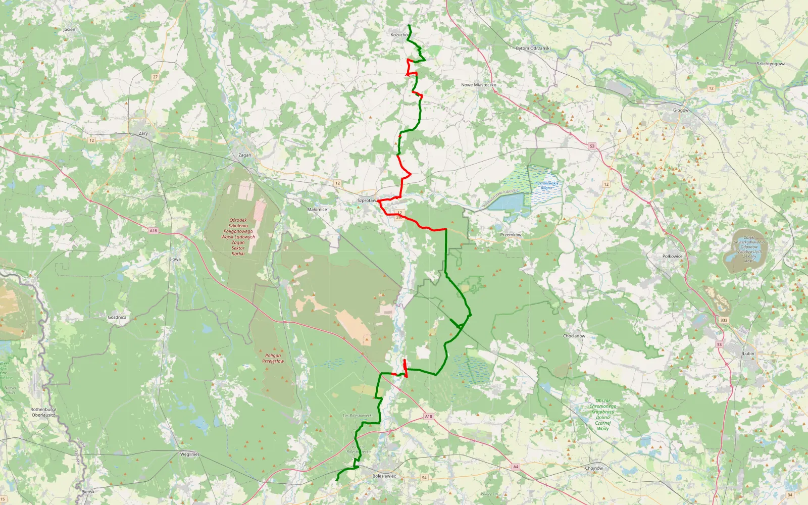 Map of Kożuchów - Brzeźnik - 91.2 km offroad trail, Bolesławiec County