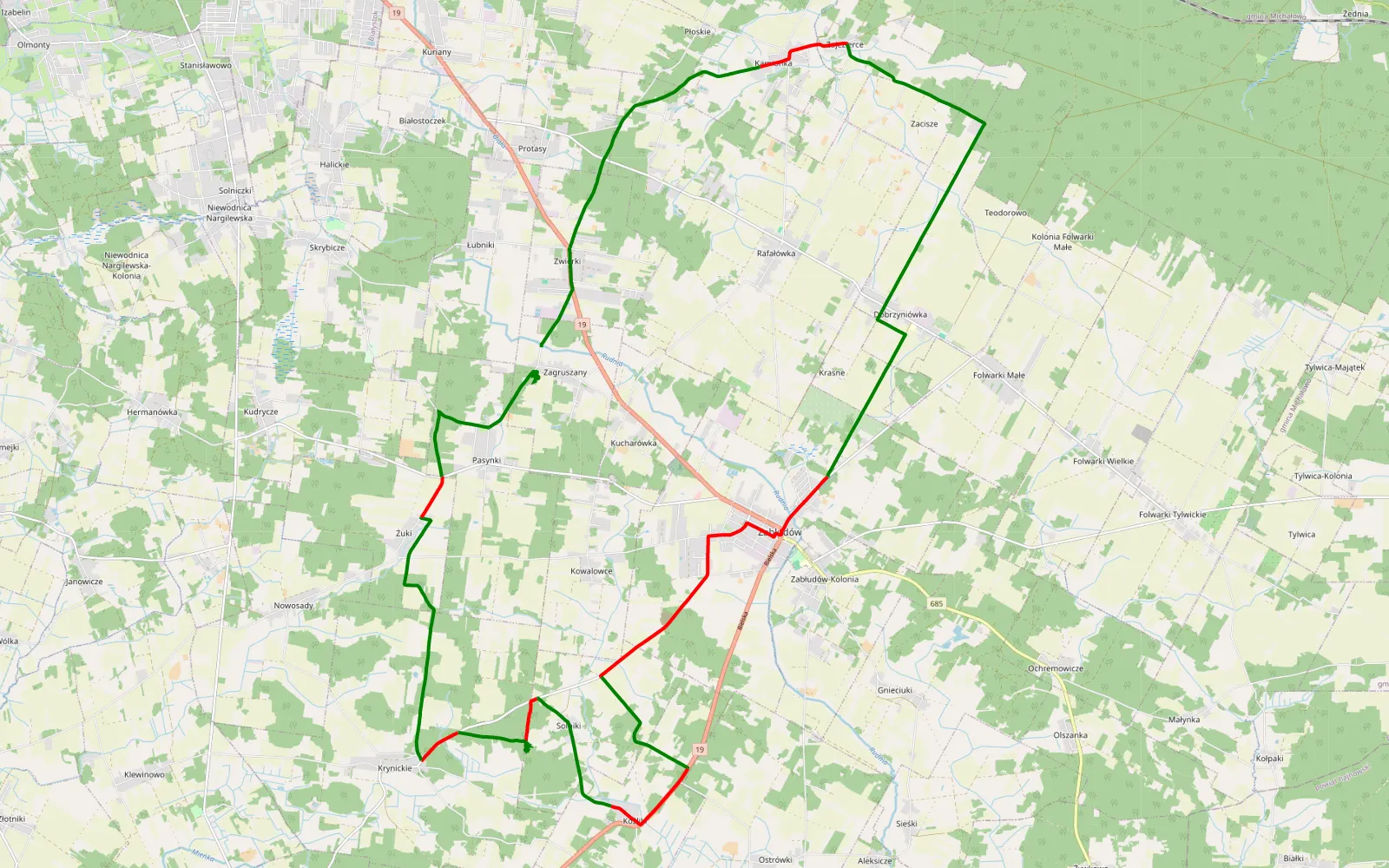 Mapa trasy Zagruszany - 37.4 km trasy offroad, Powiat Białostocki