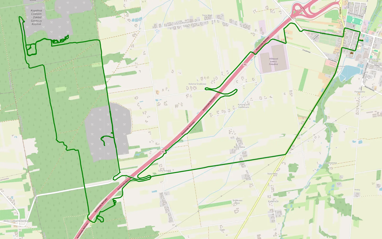 Map of Łyszkowice - 15.9 km offroad trail, Łowicz County
