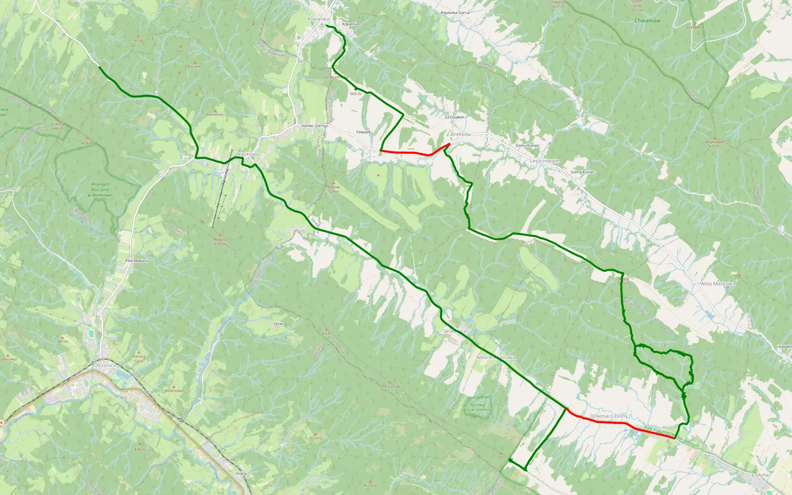 Mapa trasy Ropienka - Paszowa - 23.7 km trasy offroad, Powiat Bieszczadzki