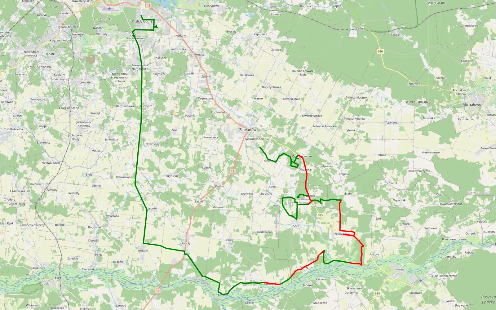 Map of Gnieciuki - Dojlidy Górne - 44.6 km offroad trail, Białystok County